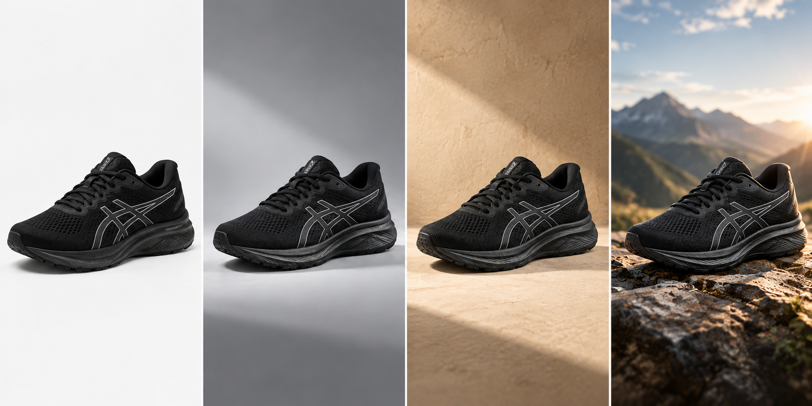 Four-step image evolution of a running shoe edited from studio to outdoor background using GPT Image 2.5