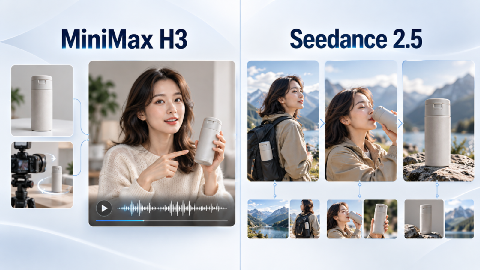 Side-by-side comparison of MiniMax H3 product presentation video and Seedance 2.5 multi-scene outdoor video workflow