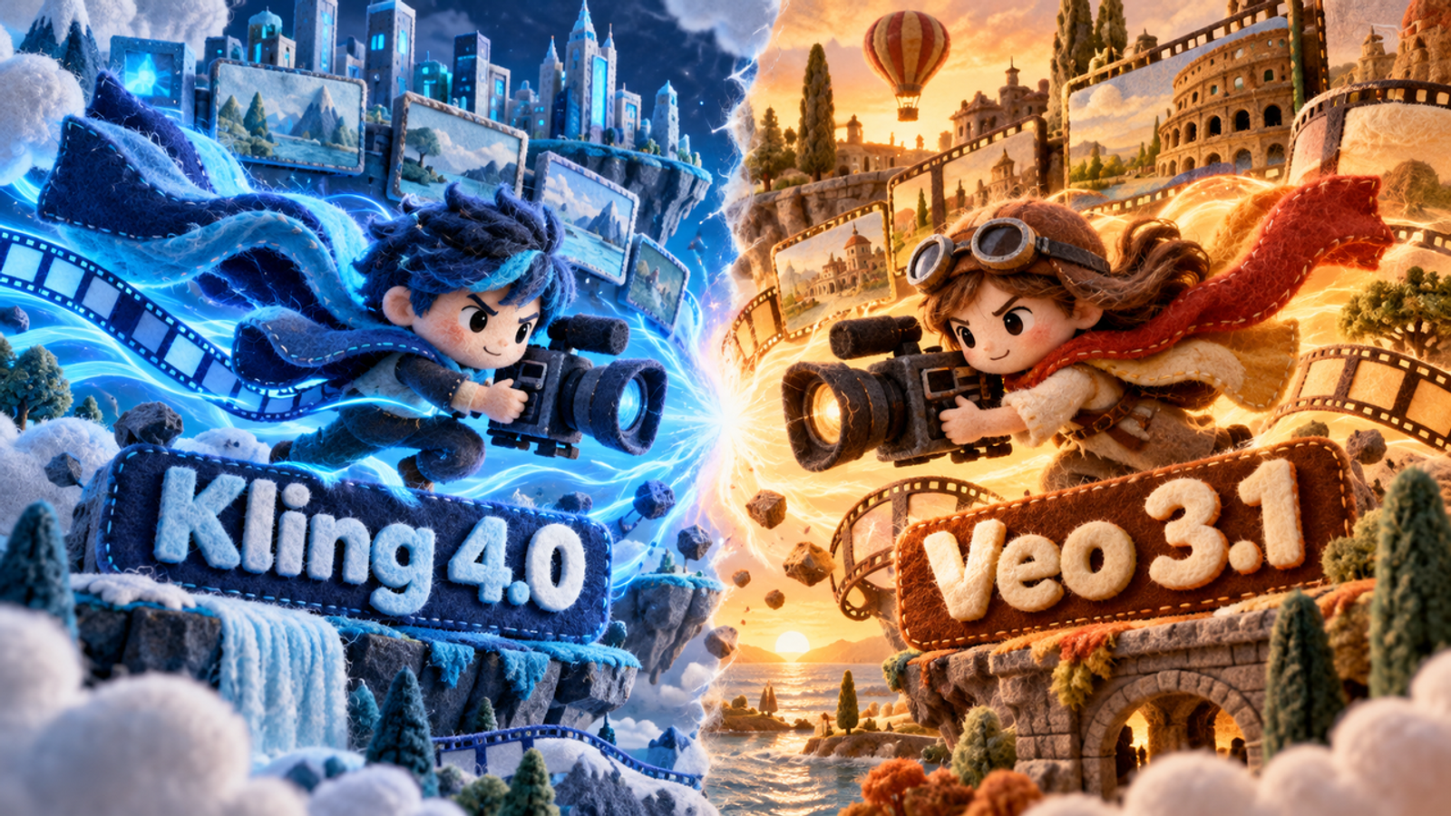 A fantasy digital artwork battle scene showcasing kling 4.0 vs veo 3.1 cinematic video capabilities.