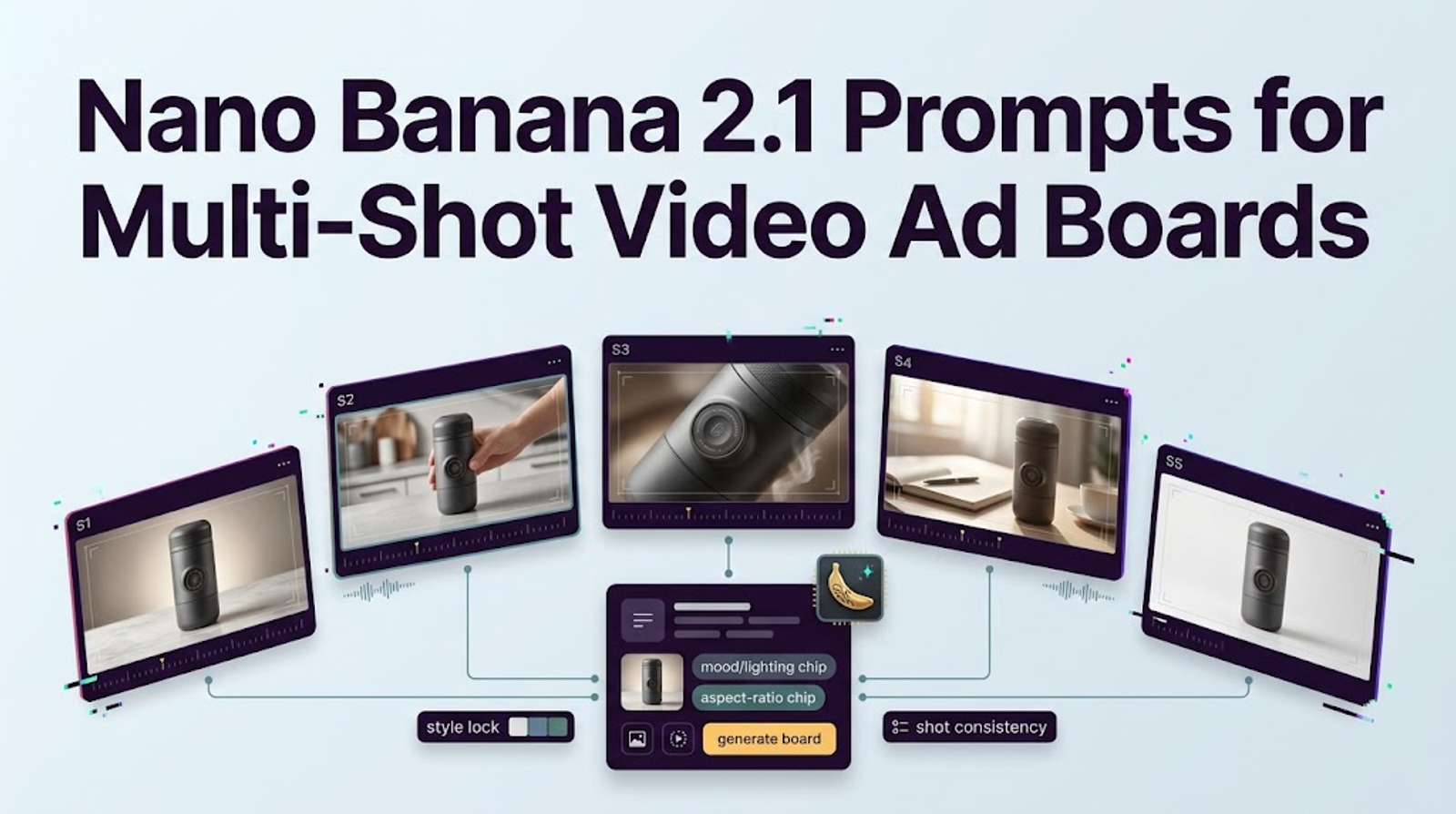 Interactive tool interface showcasing nano banana 2.1 prompts for creating multi-shot video ad boards.