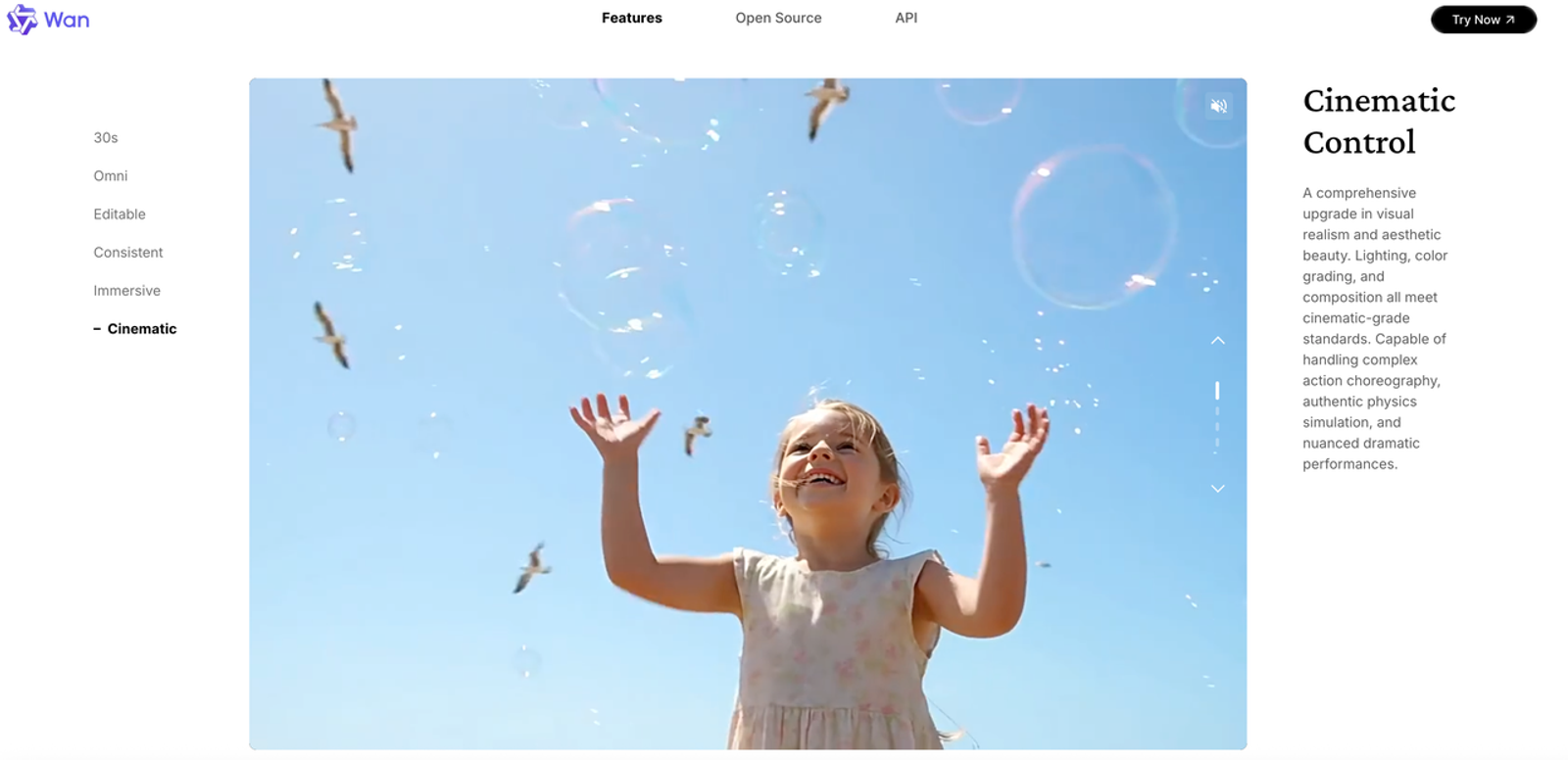 Wan 3.0 pricing and capabilities review shows a cinematic control demo with a child reaching toward bubbles outdoors.