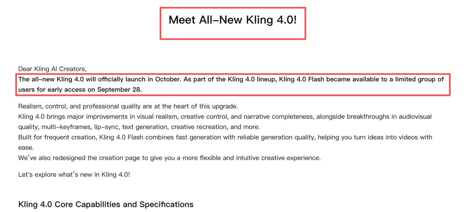 Official update announcement text providing details on how to use kling 4.0 and its early access features.