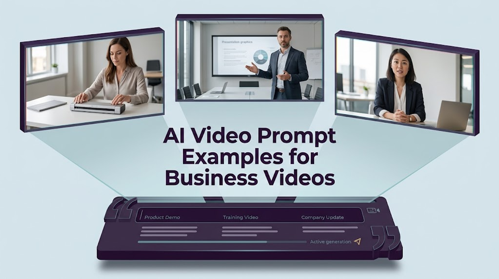 An illustrative graphic demonstrating various ai video prompt examples designed for professional business video creation.
