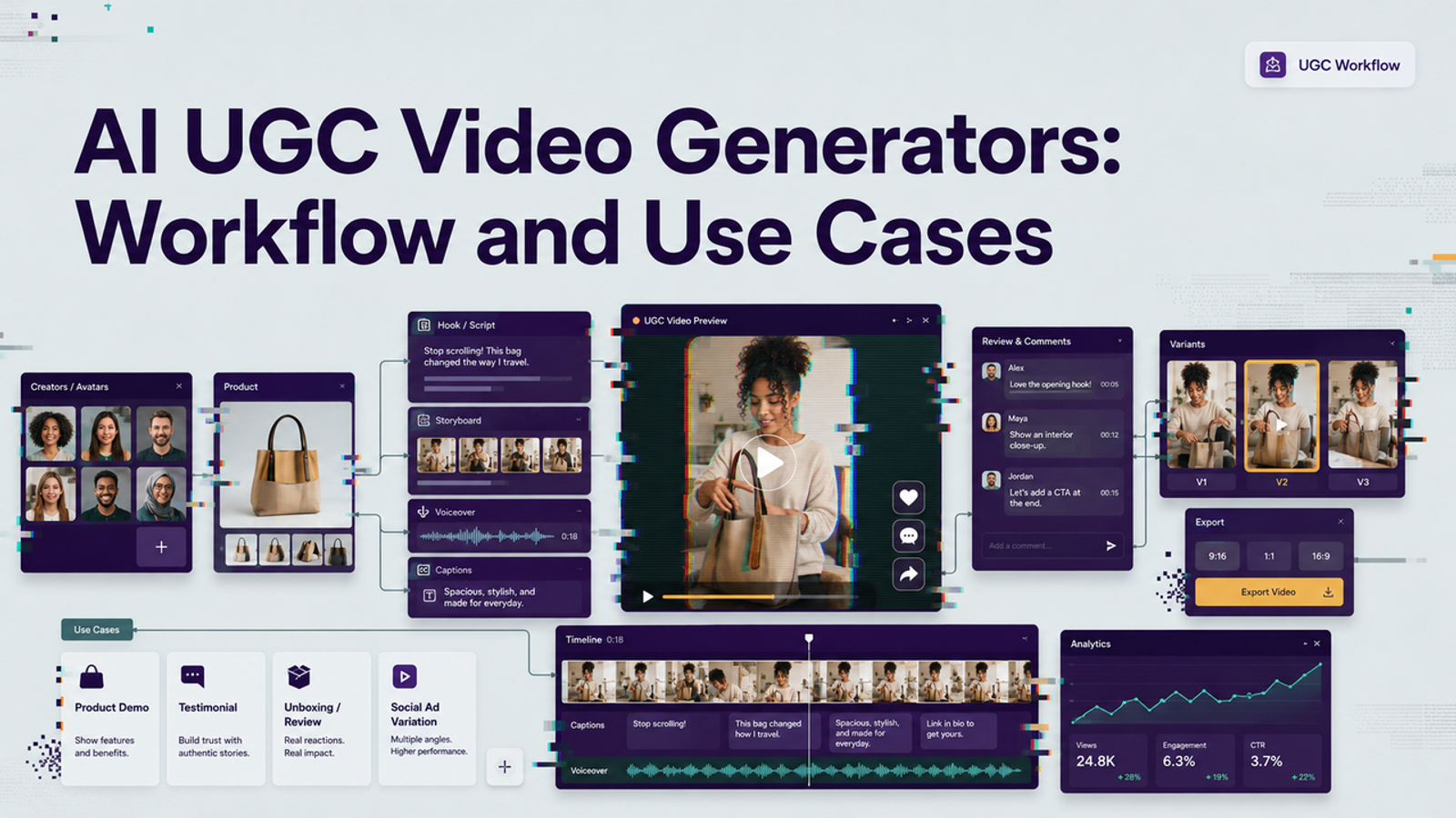 Comprehensive workflow dashboard of an ai ugc video generator showing avatars, script, and analytics.