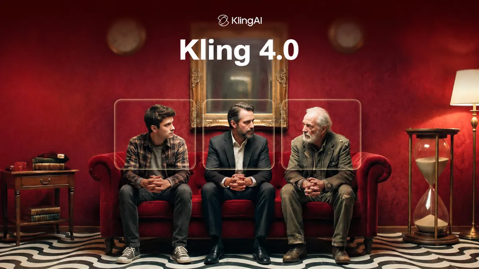 Three men seated on a red couch in a cinematic room demonstrating how to use kling 4.0 video effects.