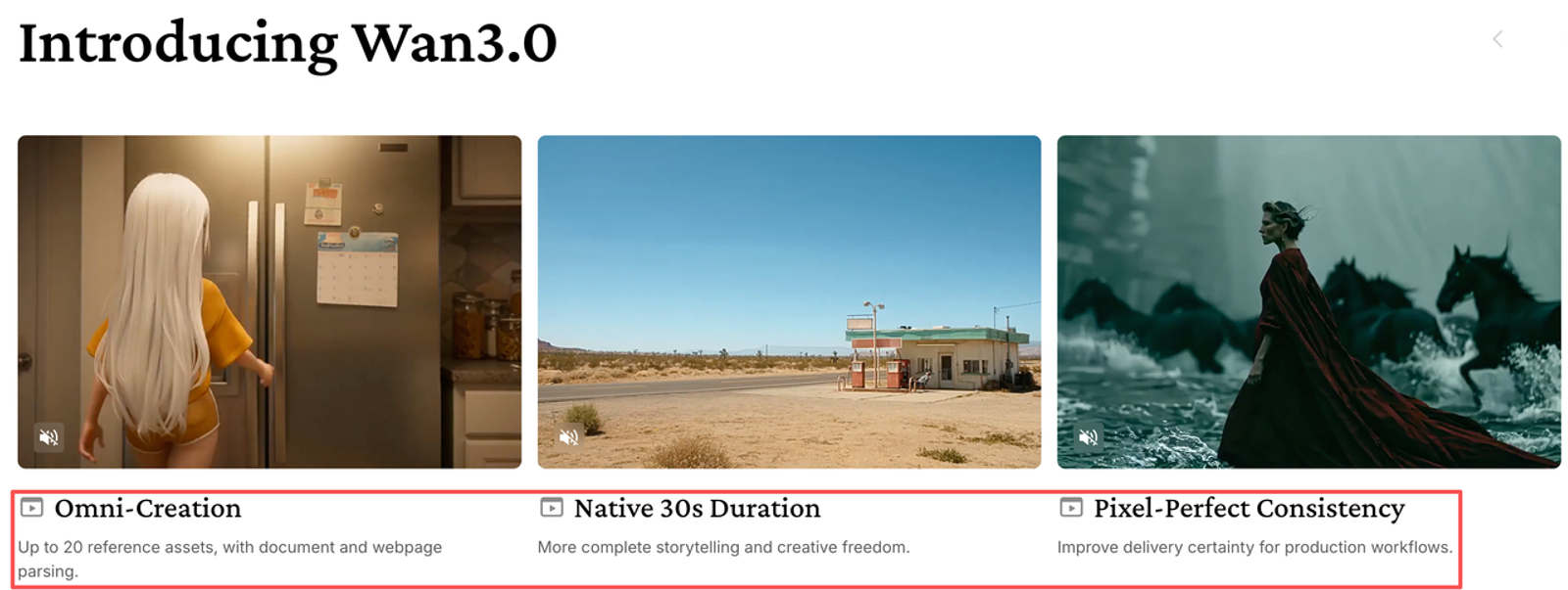 Wan 3.0 pricing guide shows feature demos for Omni-Creation, 30-second duration, and visual consistency.