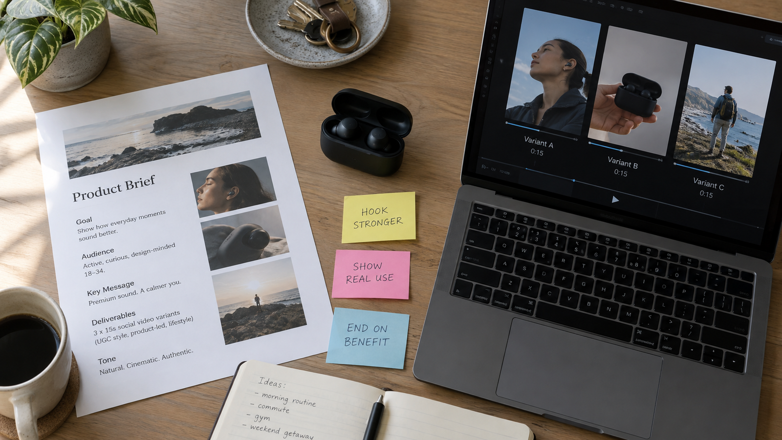 A product brief, sticky notes, and a laptop showing three labeled clip variants on a desk