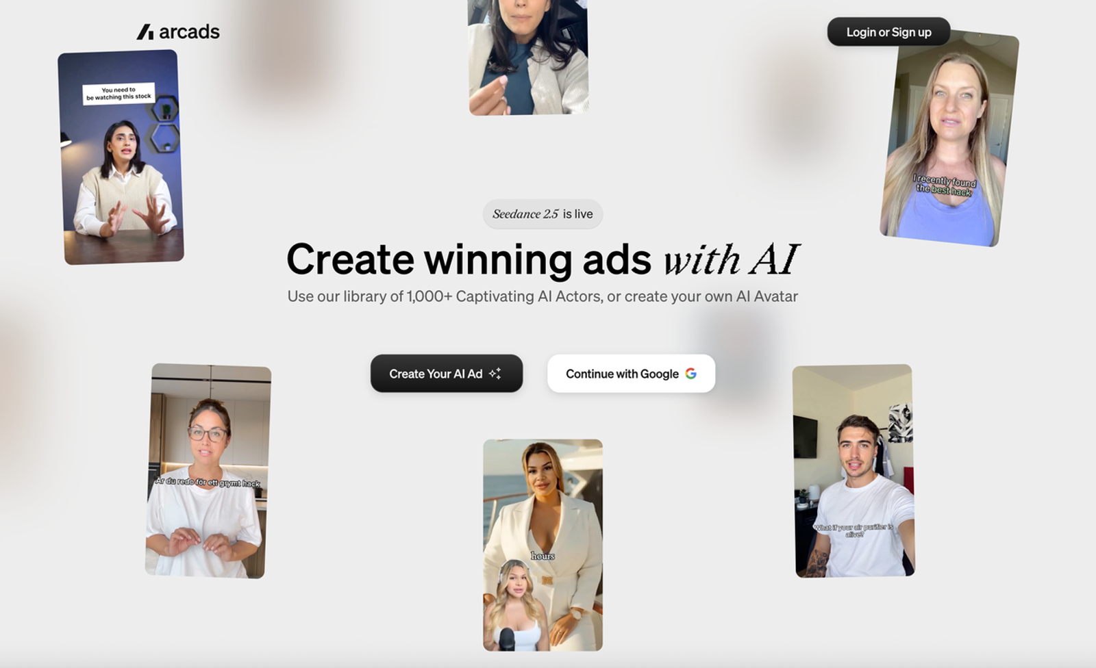 Website homepage for generating Arcads AI UGC ads using a library of virtual AI actors.