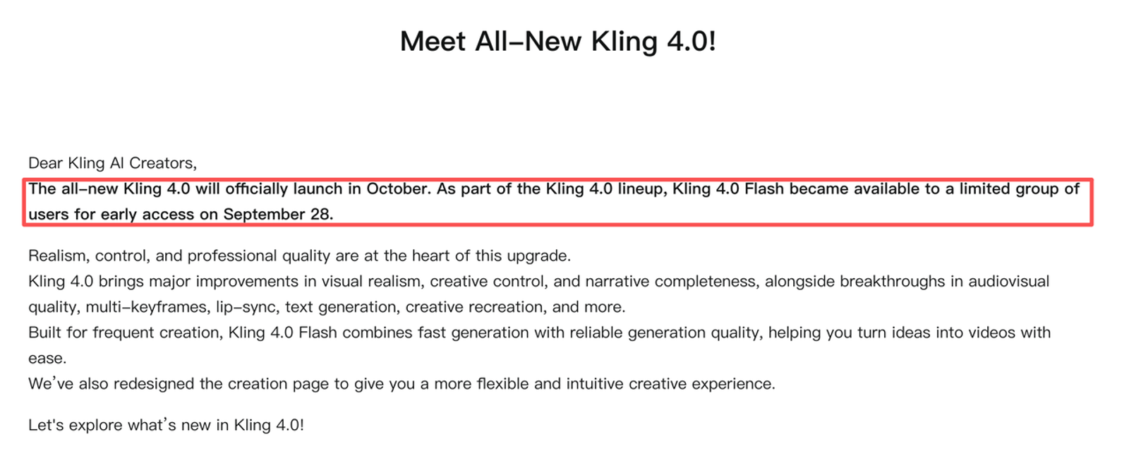 Official announcement letter detailing release updates relevant to checking the current kling 4.0 price options.