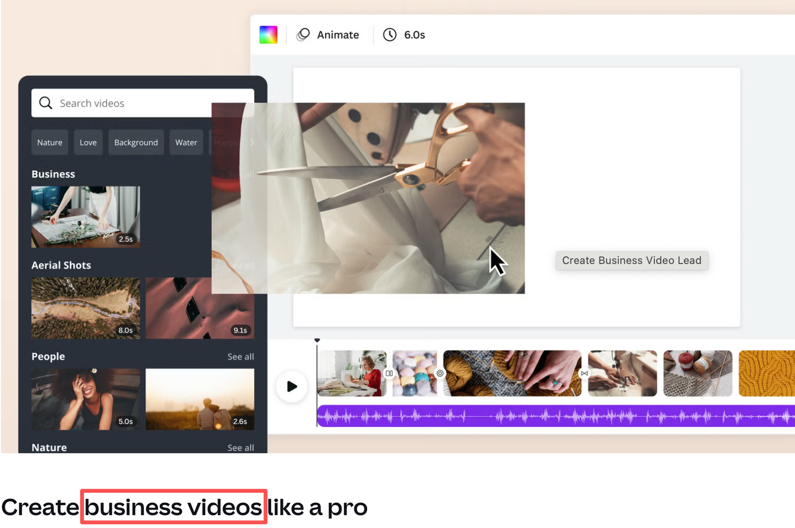 Business video editor interface with stock video search, timeline, animation controls, and preview