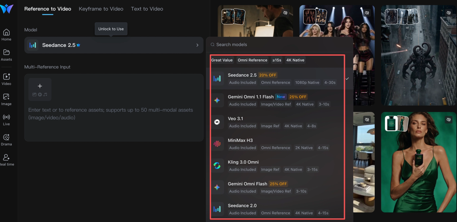 An AI video editing dashboard listing popular options available inside top ai video generation tools.