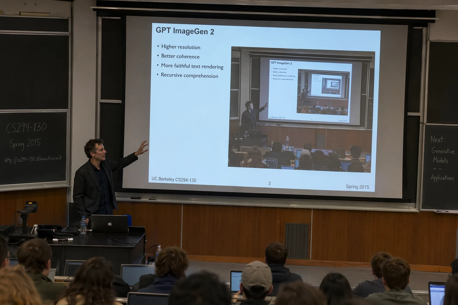 Lecture slide introducing GPT ImageGen 2 with higher resolution, improved coherence, faithful text rendering, and recursive comprehension