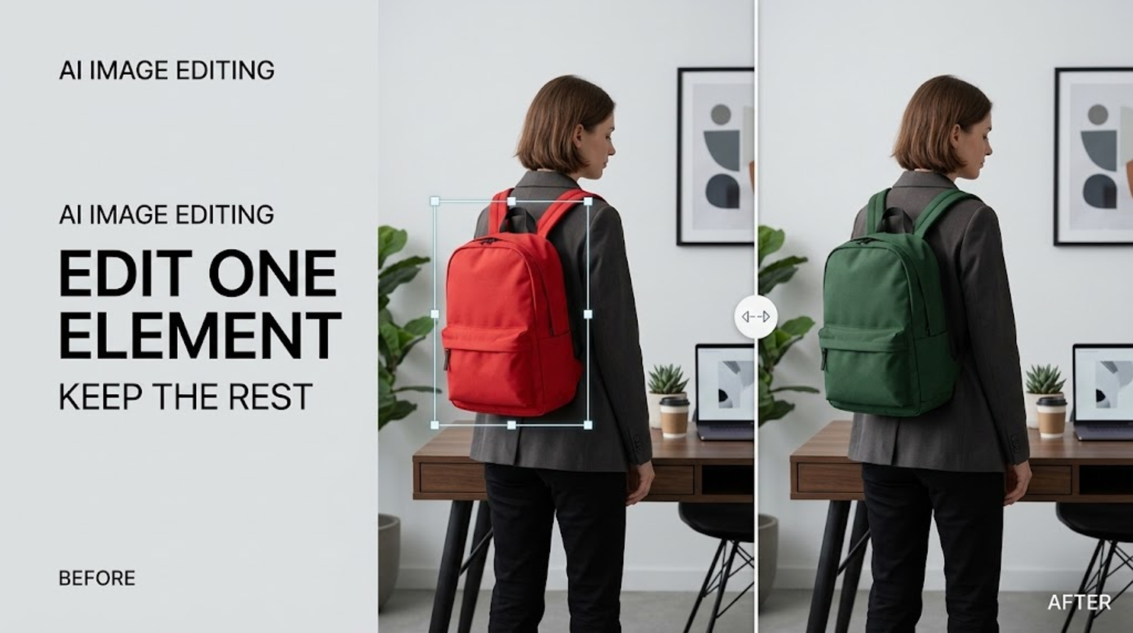 GPT Image 2.5 image editing tutorial showing a red backpack changed to green while the person and background remain unchanged