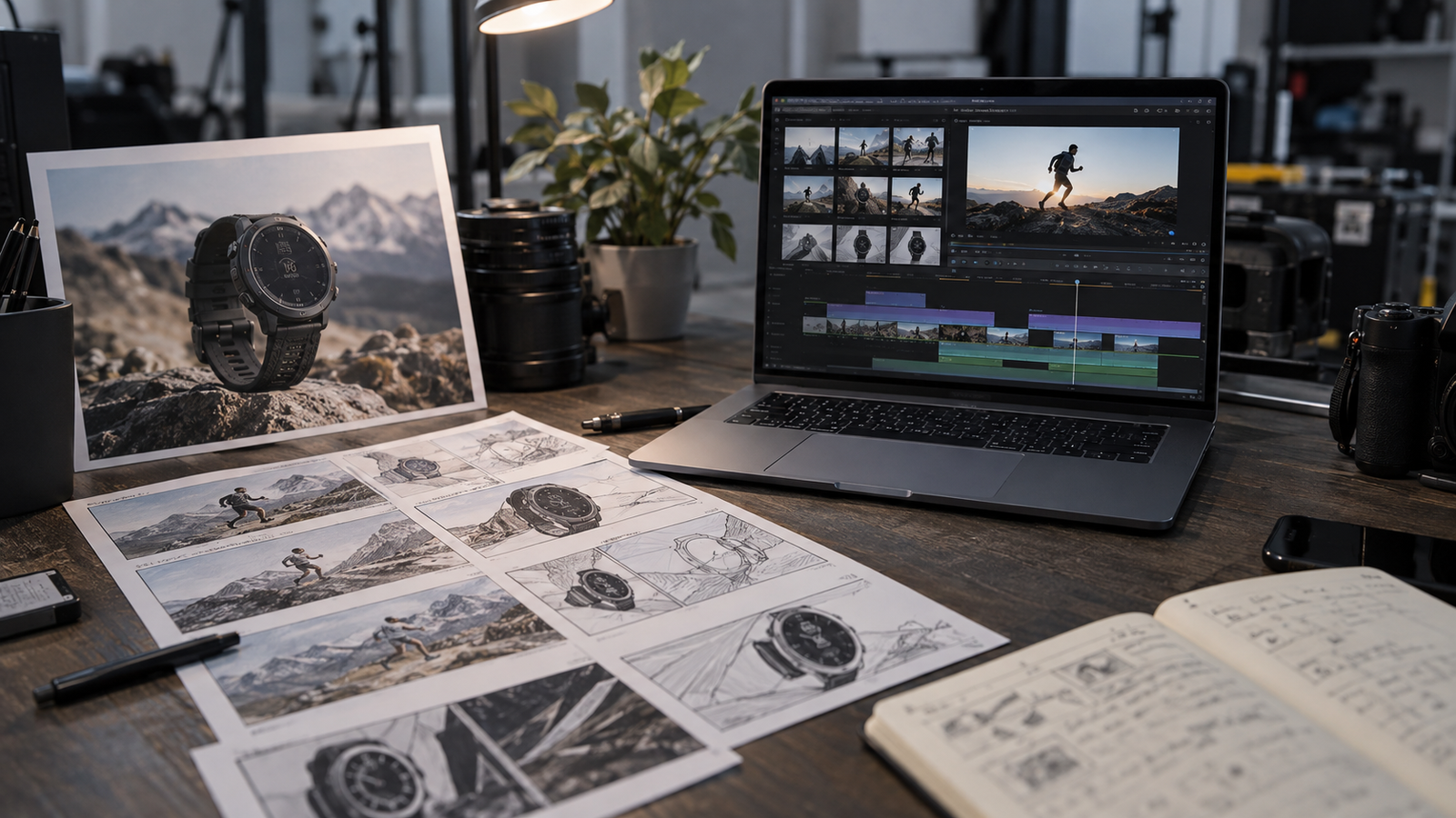 A production desk with a sports watch still, printed storyboards, and a laptop edit timeline