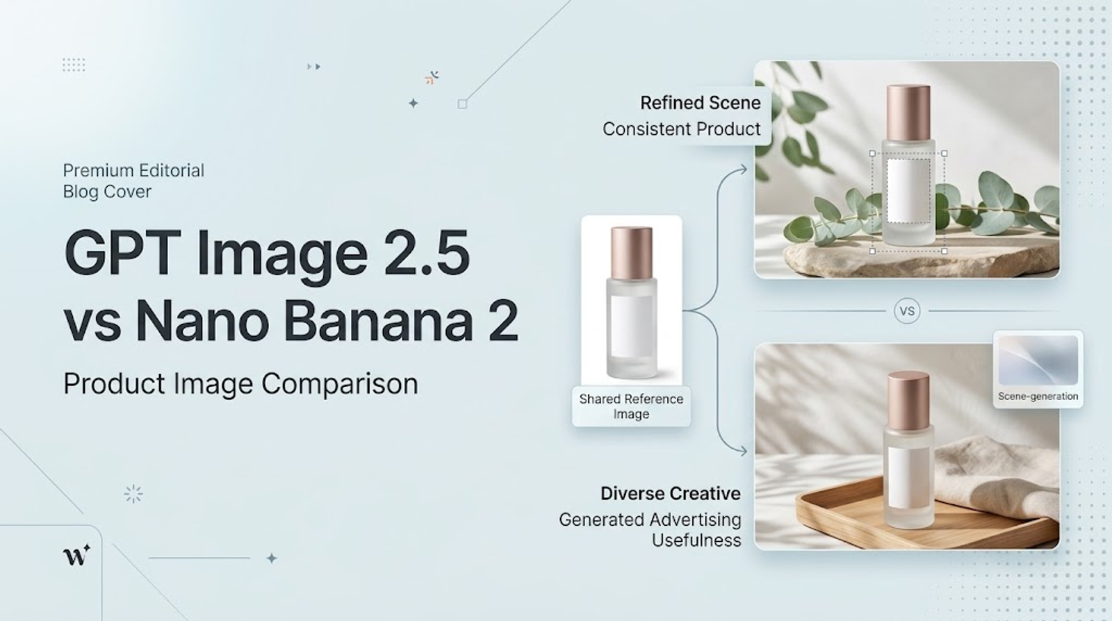 GPT Image 2.5 vs Nano Banana 2 product image comparison showing a shared cosmetic bottle reference adapted into refined and diverse advertising scenes