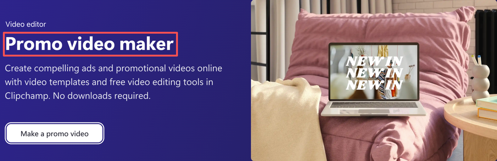 Laptop screen displaying an online promo video maker creating a product promotional video.