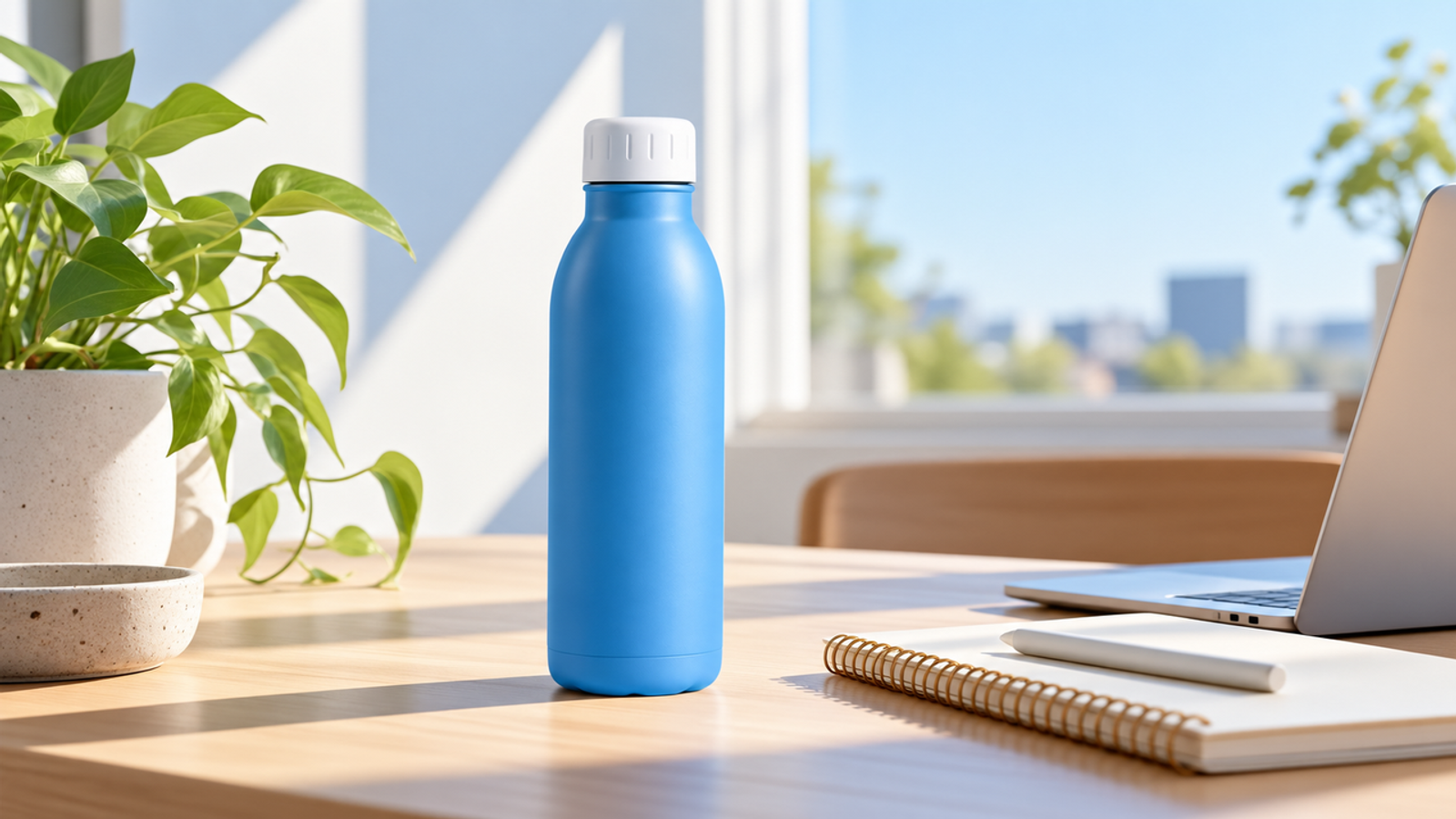 A blue water bottle on a wooden desk next to a laptop created with nano banana 2.1 prompts