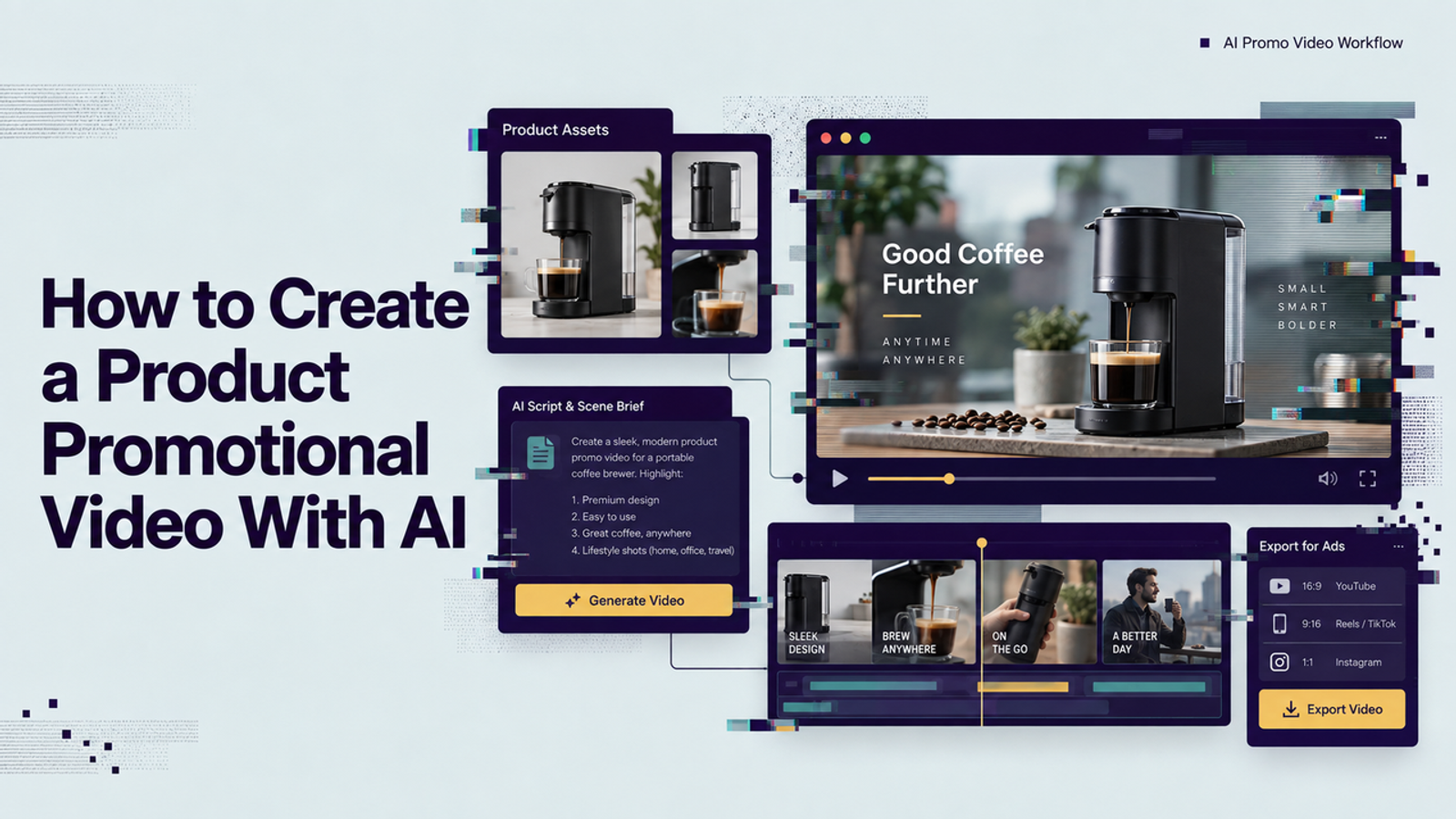 AI workflow showing script generation and video export for a product promotional video.