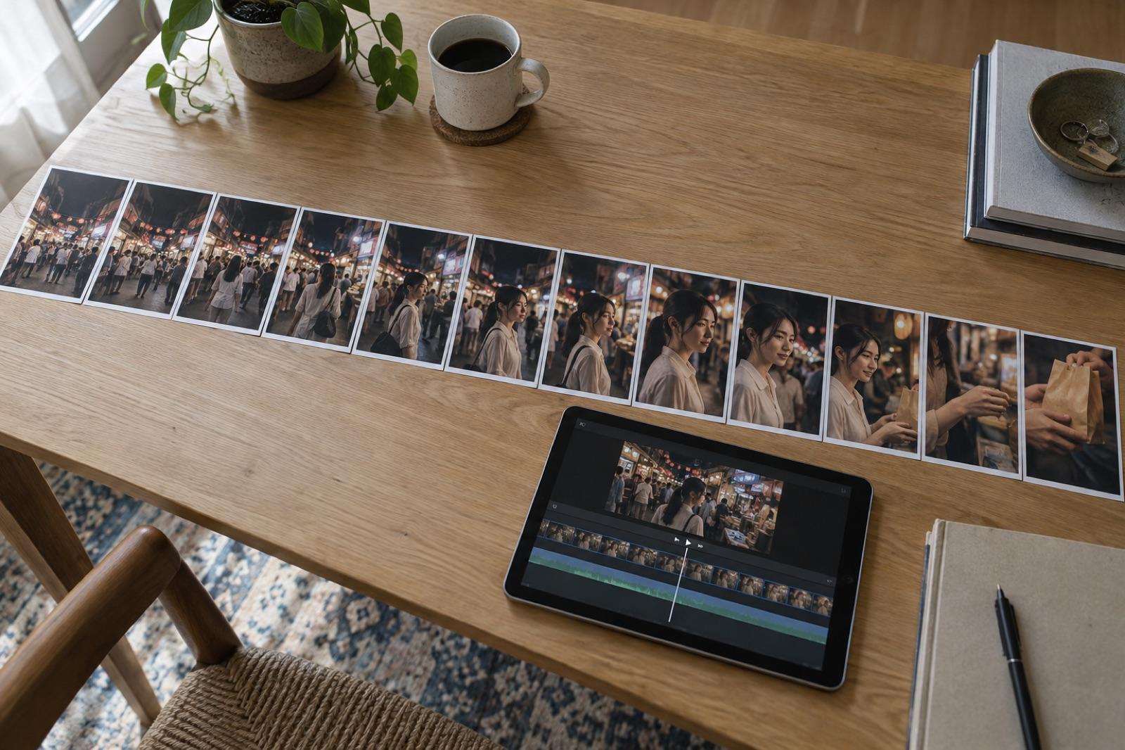 Ten printed keyframe stills of the same market walk laid in a row beside a tablet showing a 30 second timeline