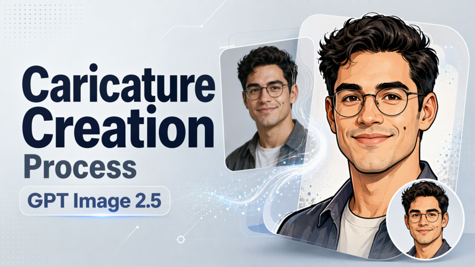 ChatGPT caricature creation process showing a reference photo transformed into a GPT Image 2.5 illustrated profile portrait