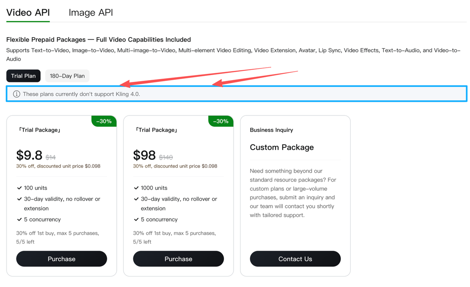 A pricing dashboard showing prepaid packages to help users analyze the official kling 4.0 price details.