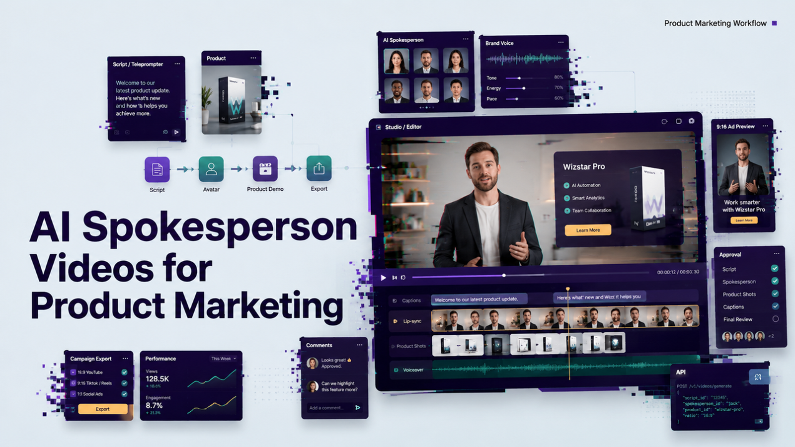 Complete product marketing dashboard for creating an ai spokesperson video with script and lip sync tools.