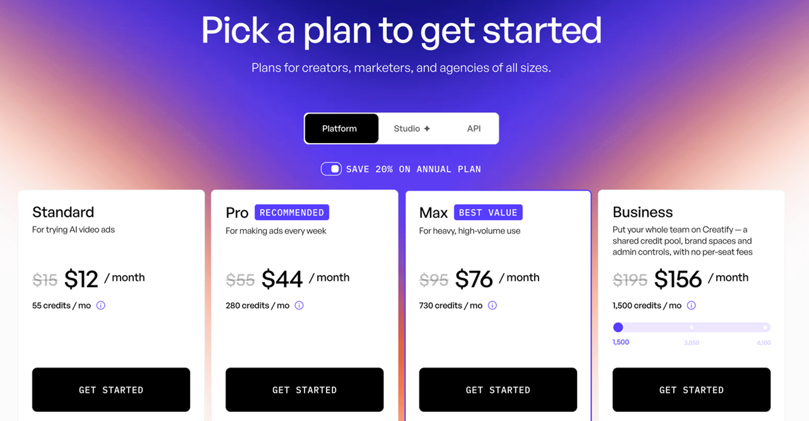 A pricing tier interface displaying monthly costs to compare pricing for ugc video production tools clearly.