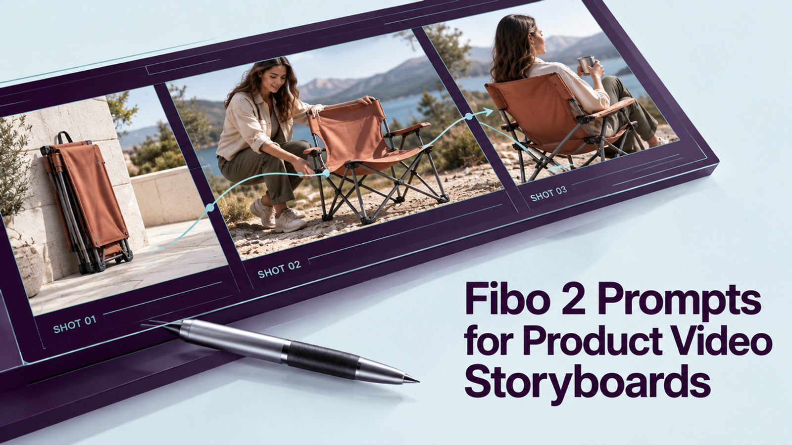 Fibo 2 prompts for product video storyboards show three shots of a folding chair, from packed to outdoor use.