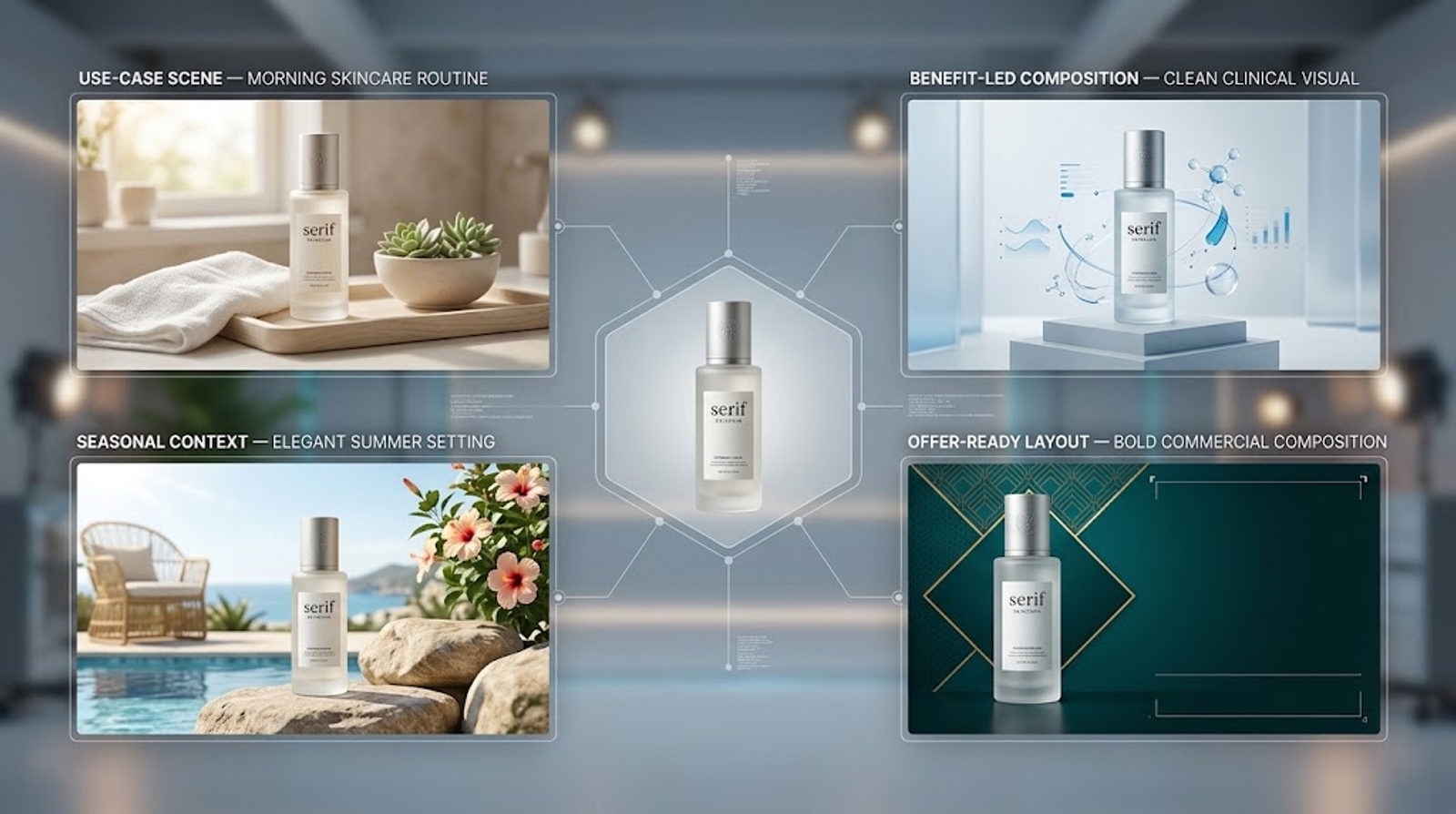 GPT Image 2.5 product image adaptation examples featuring skincare serum creatives for morning routines, clinical visuals, seasonal settings, and promotions.