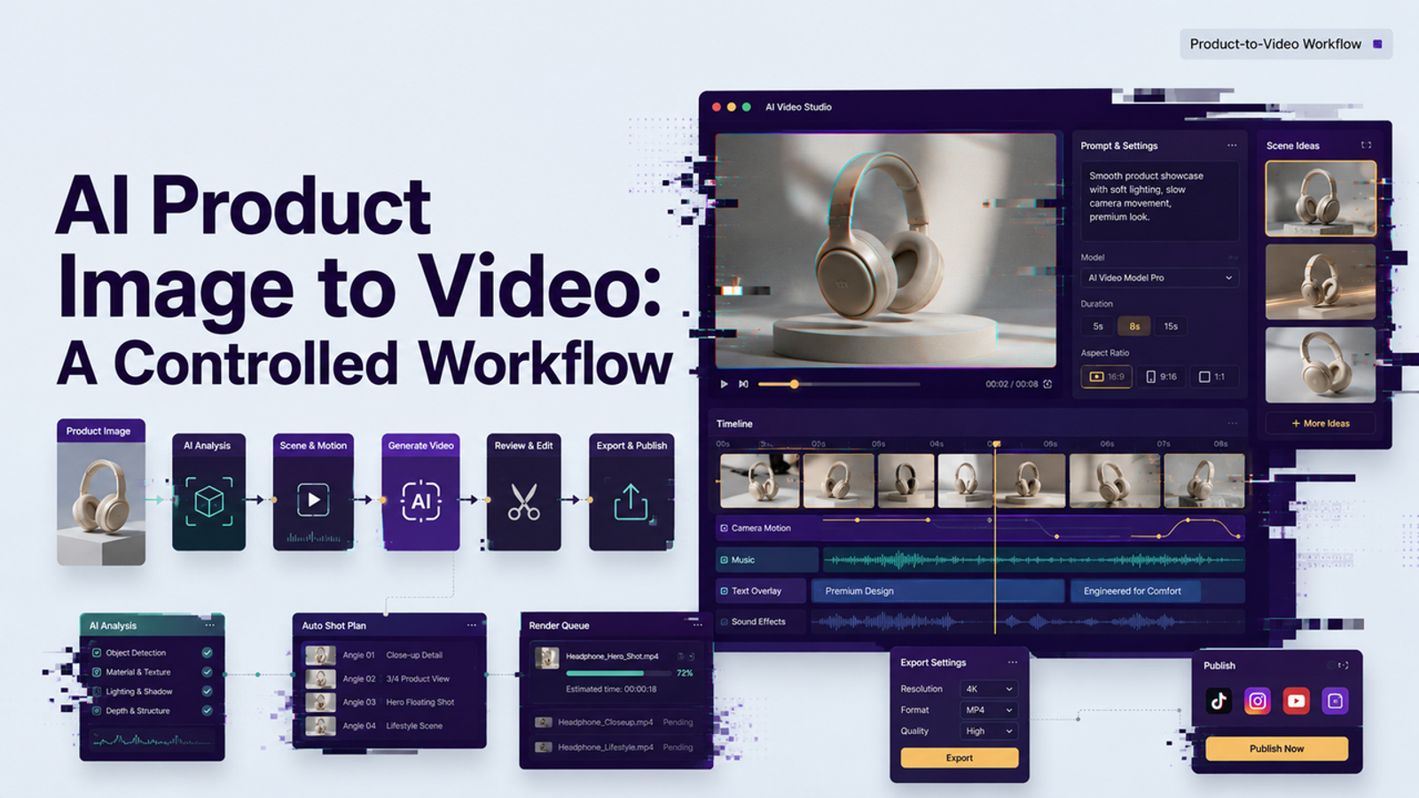Studio interface demonstrating an ai product image to video workflow for headphones showcase.