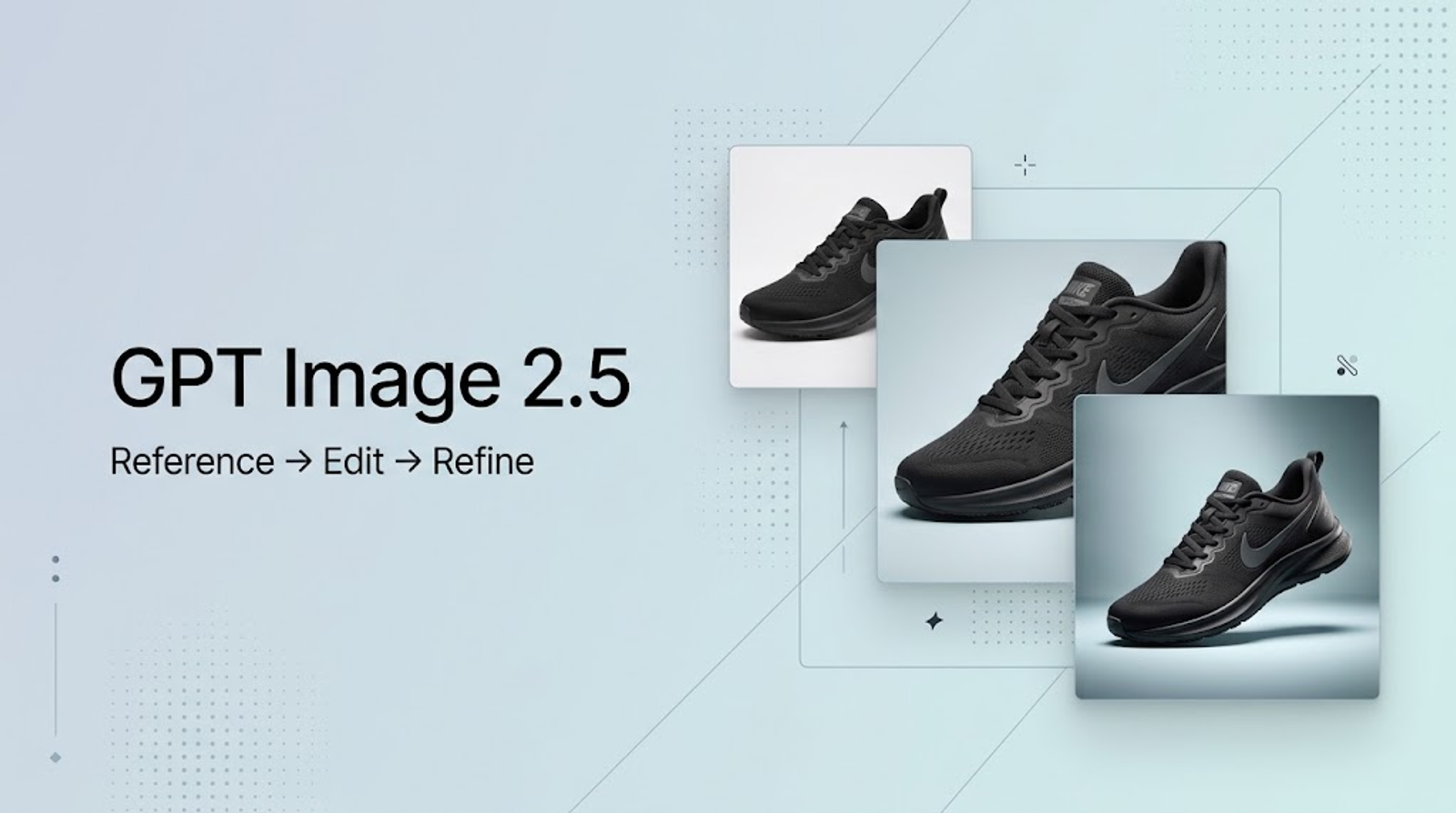 GPT Image 2.5 iterative editing process showing a progression from reference to refined black running shoe