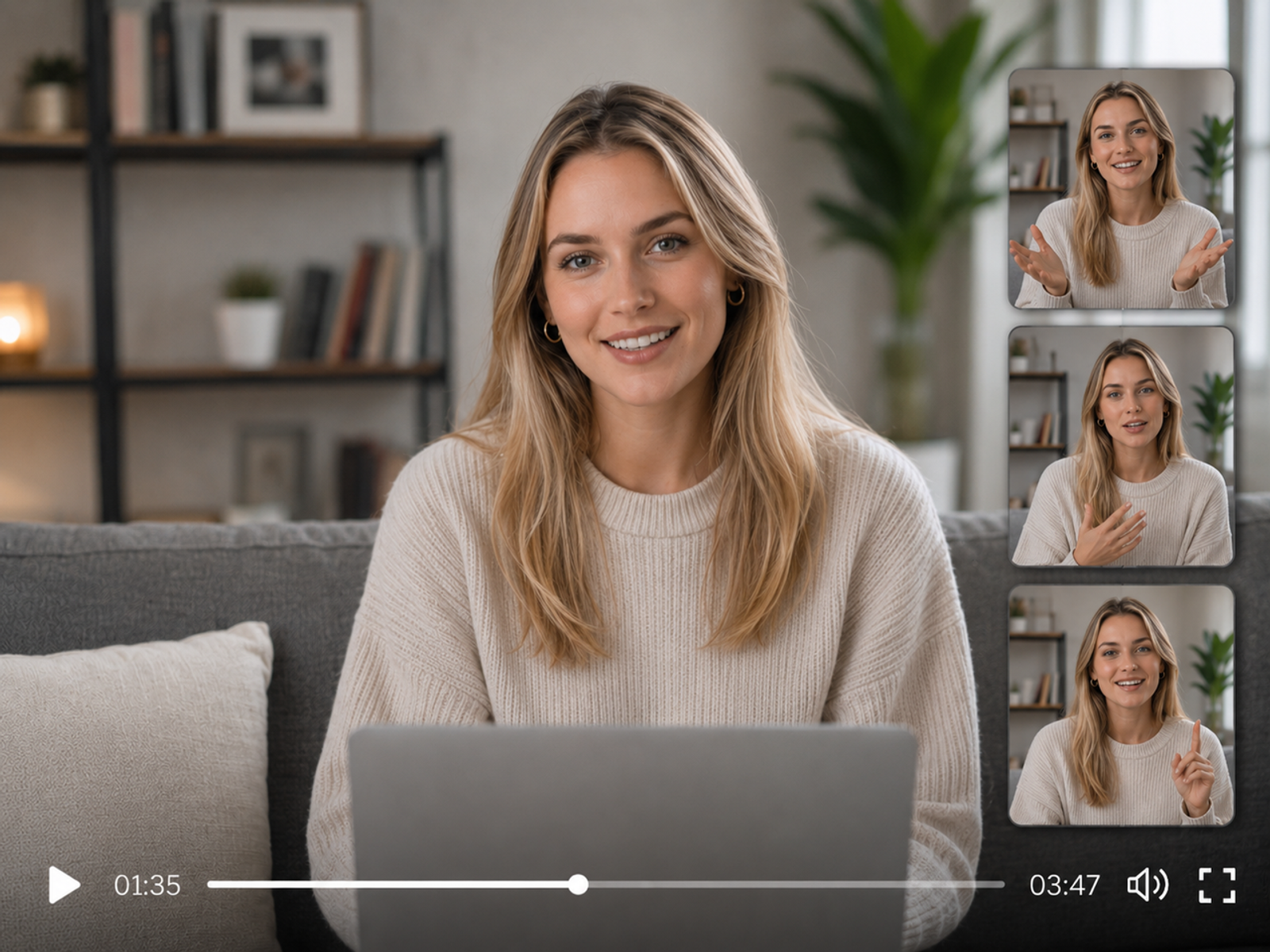 Woman using laptop for video localization into multiple regional dialects and language formats.