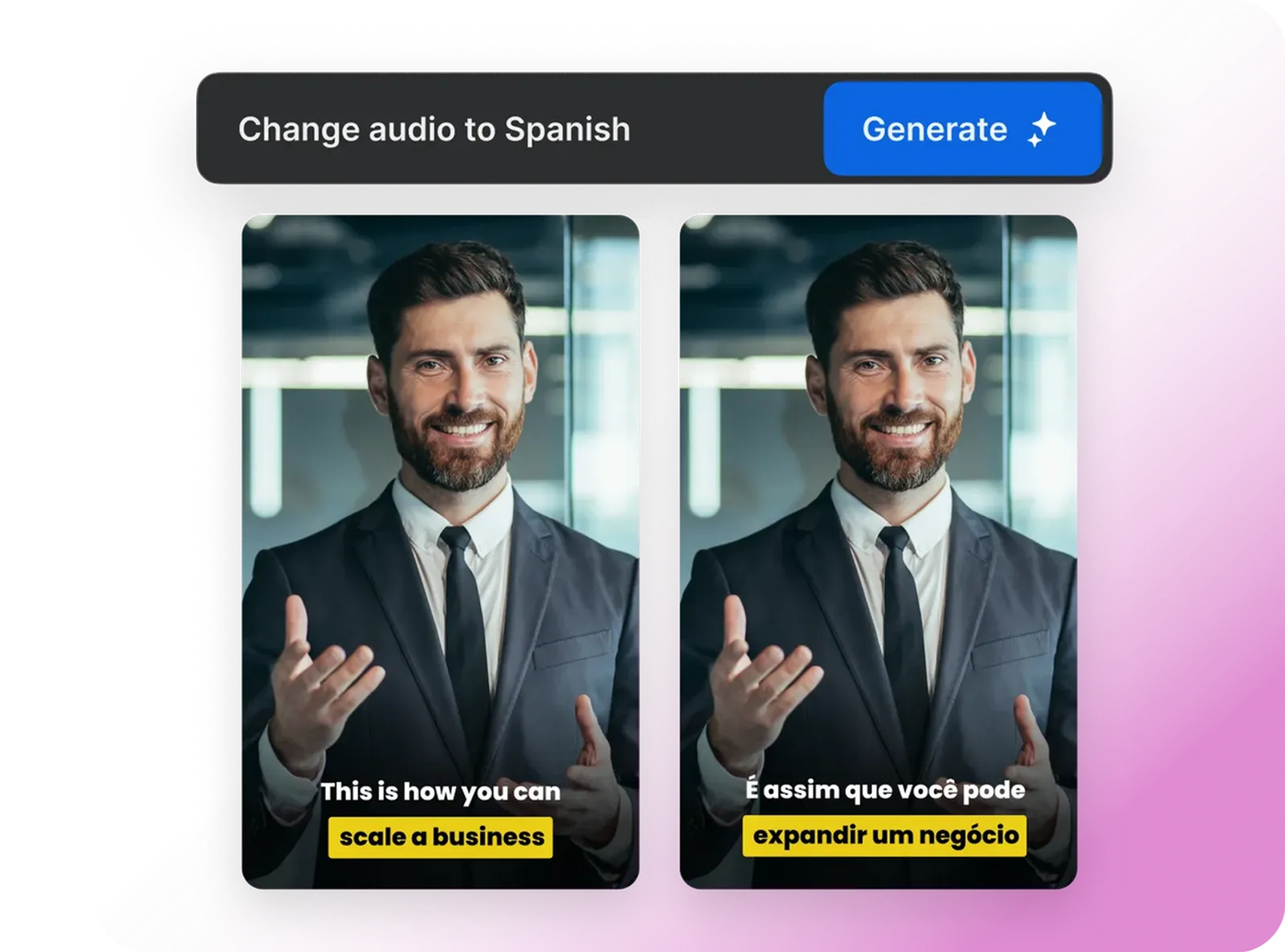 Mobile screen comparison showing real-time ai video dubbing conversion into Spanish subtitles.