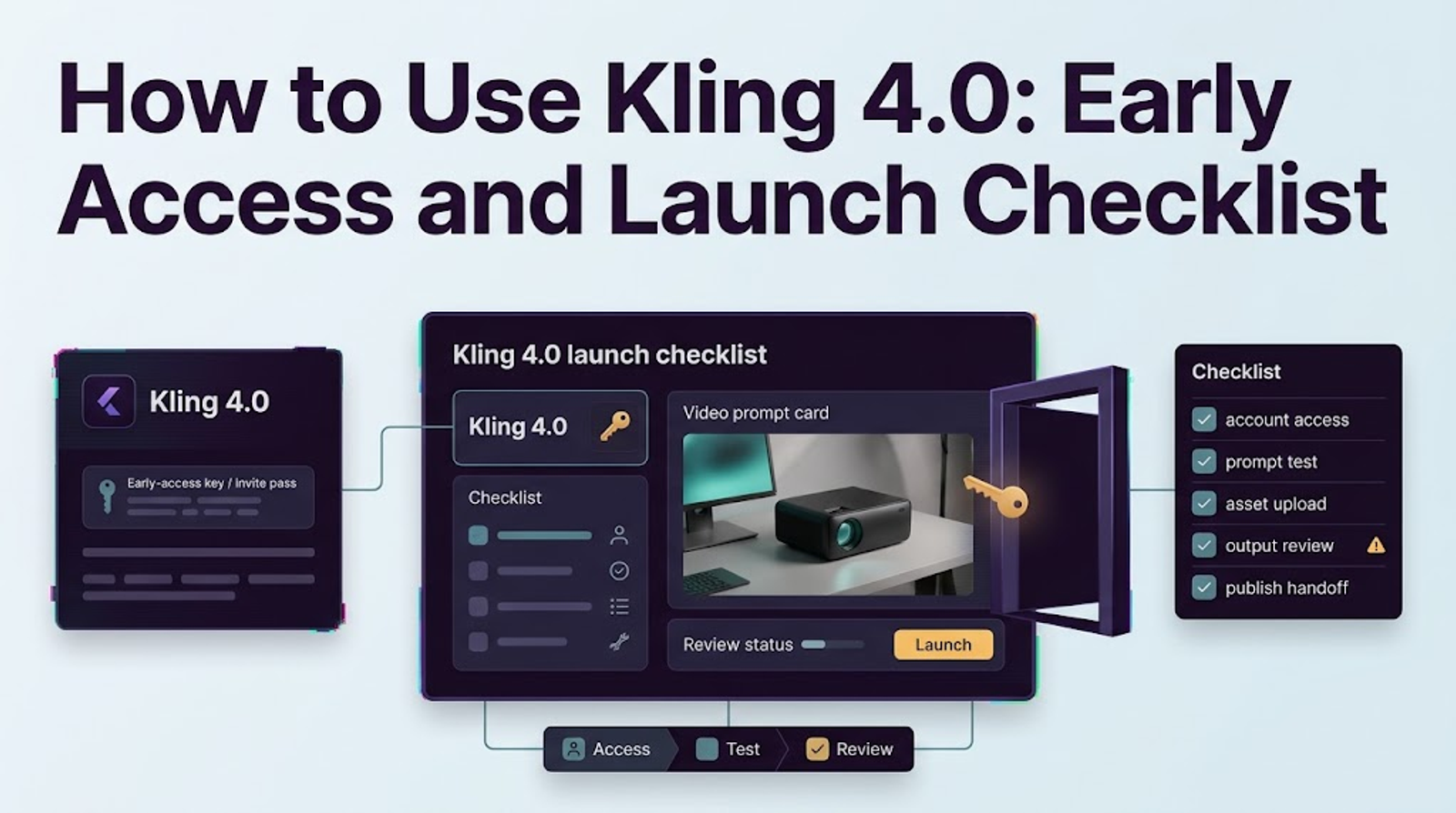 An infographic illustrating a step-by-step launch checklist on how to use kling 4.0 for video generation.