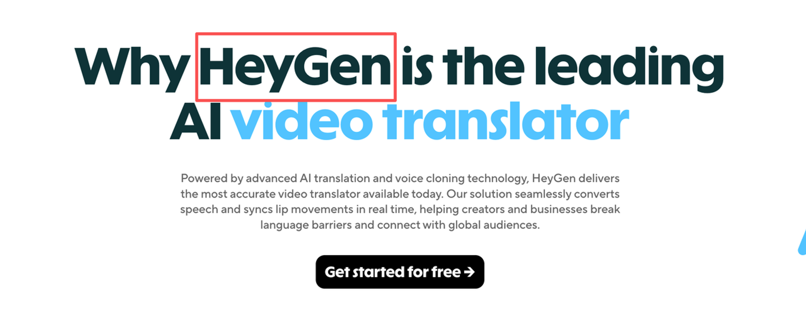 Landing page banner highlighting advantages of heygen video translation features.
