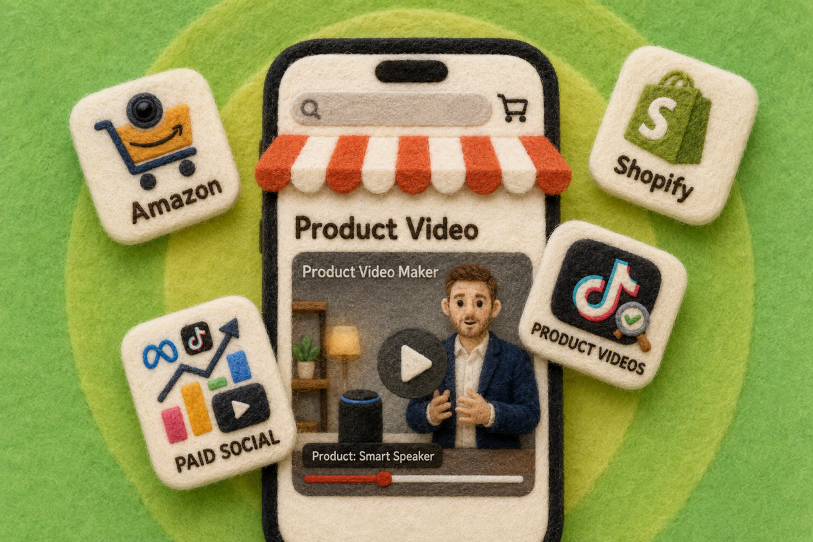 Felt art smartphone mockup showing ai product image to video output for Amazon and Shopify.