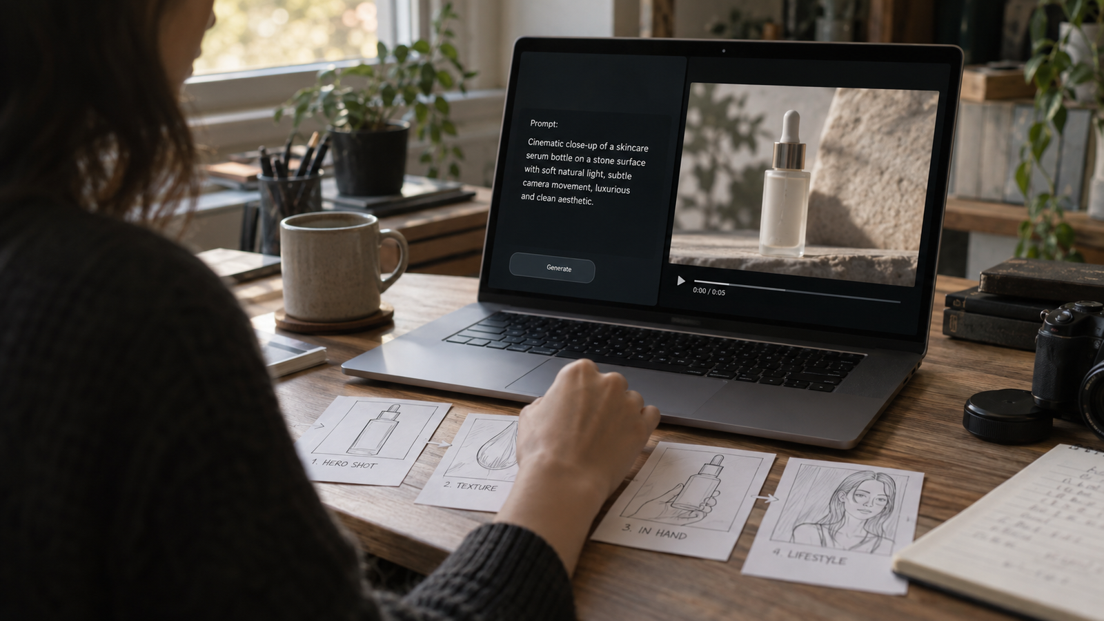 Storyboard cards beside a laptop showing a text prompt and the first generated product clip