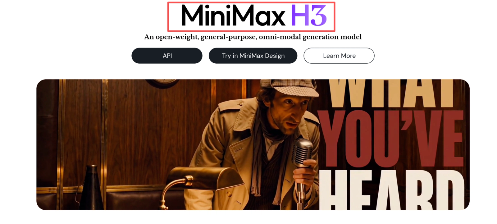 MiniMax H3 website featuring a video-generation demo with API and MiniMax Design options