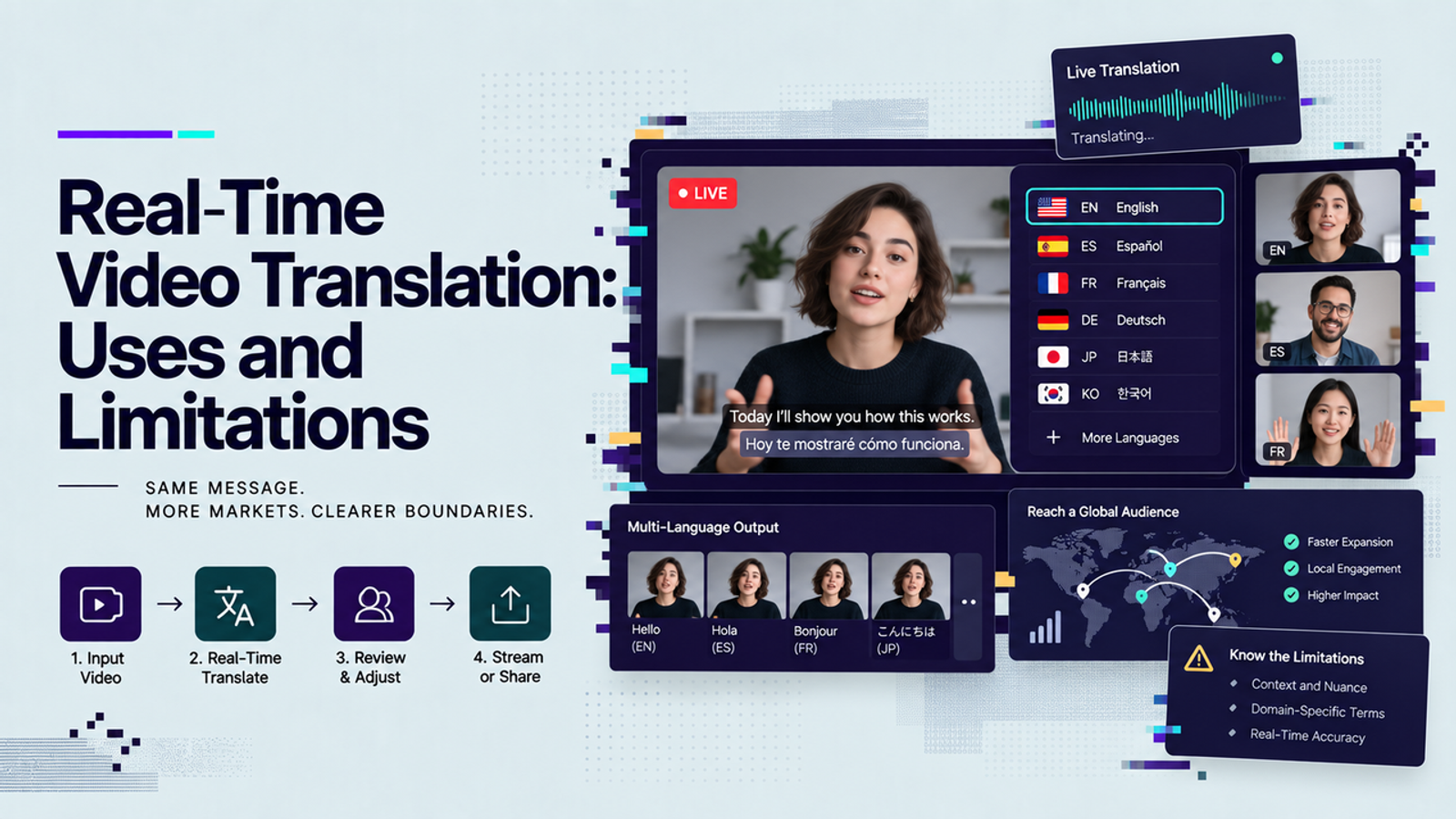 Diagram showing how real-time video translation processes multi-language output for global audience reach.