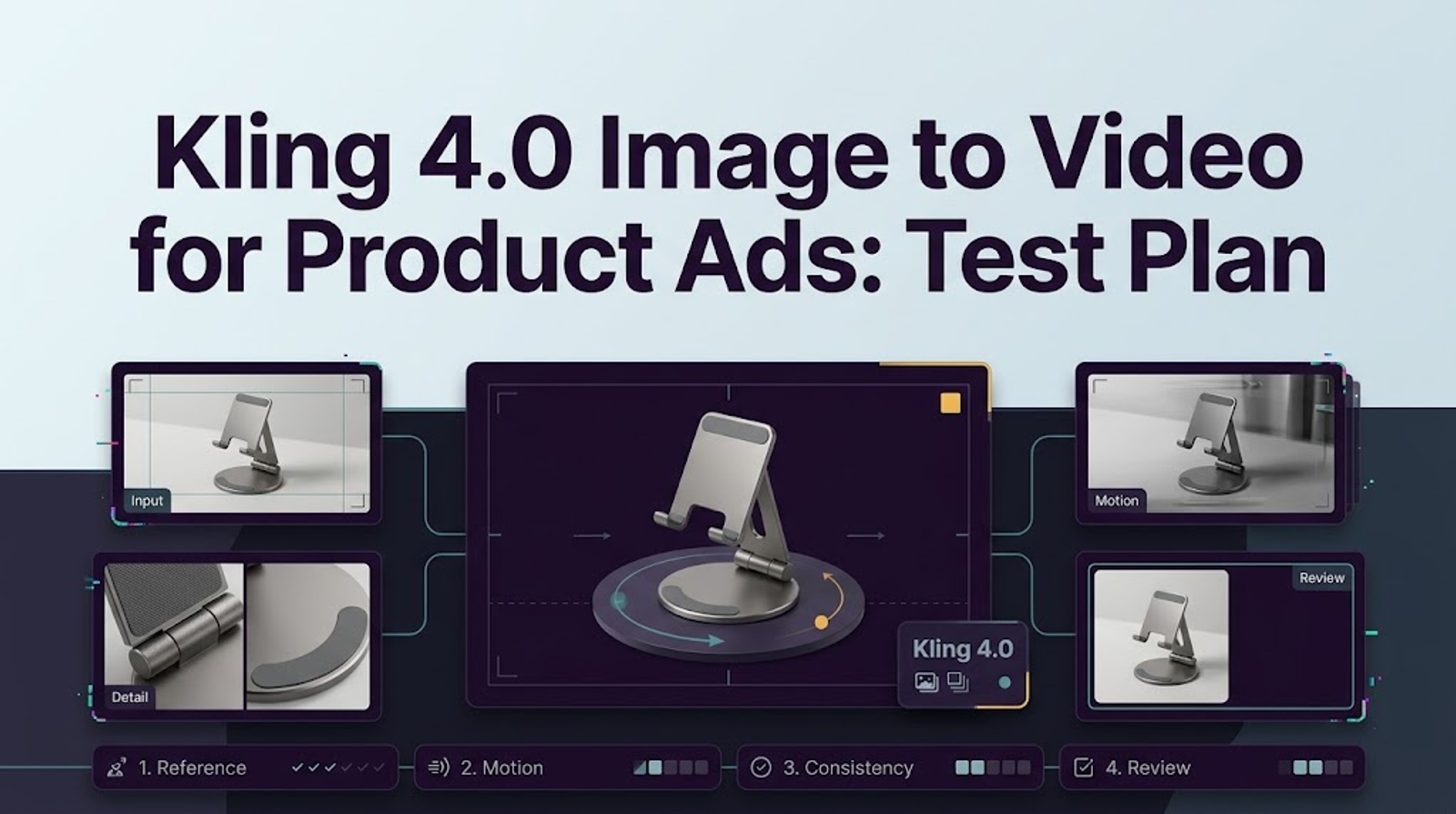 An instructional workflow diagram showing kling 4.0 image to video generation for product advertisements.