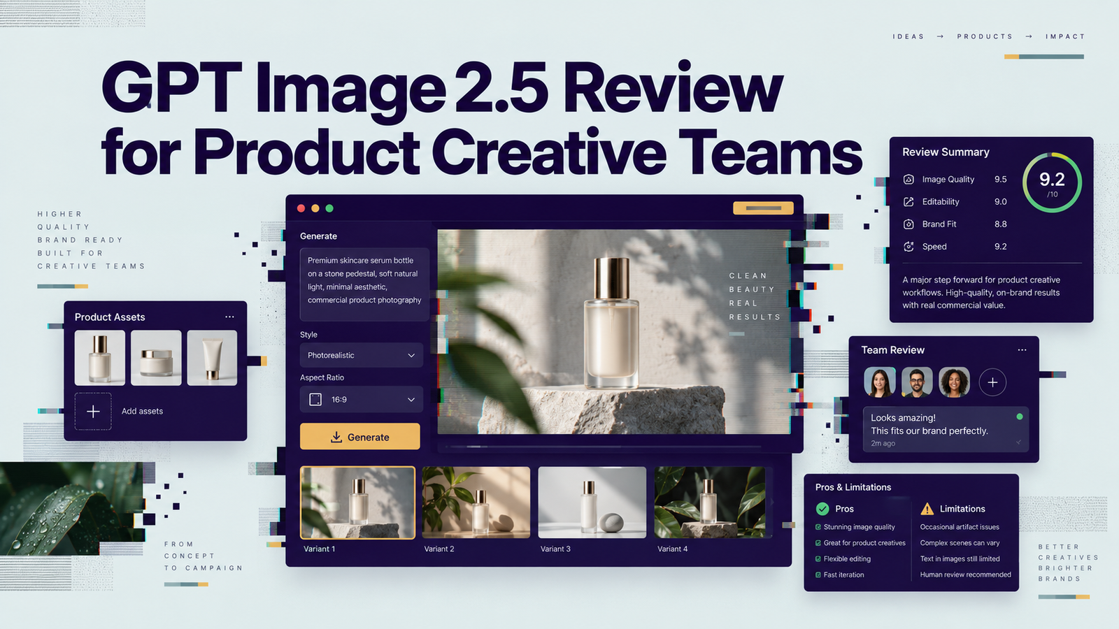 GPT Image 2.5 review for product creative teams, featuring a skincare product generator, creative asset variations, team feedback, and review scores
