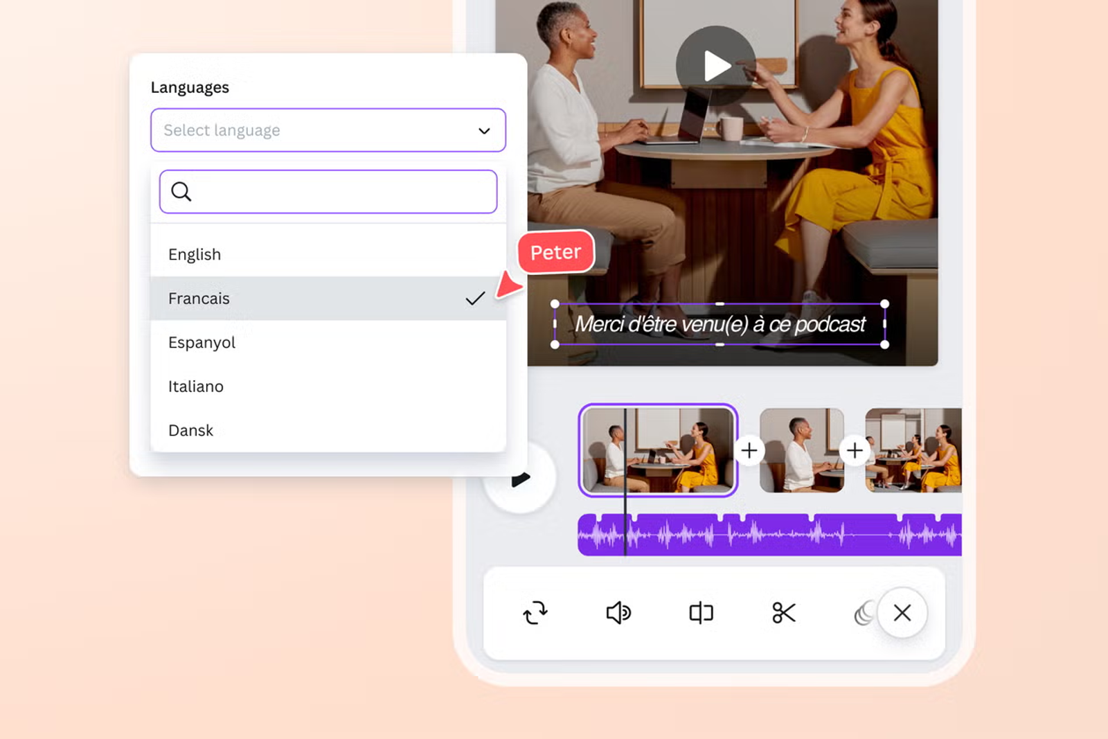 Language selection menu for subtitle generation used by video translation companies.