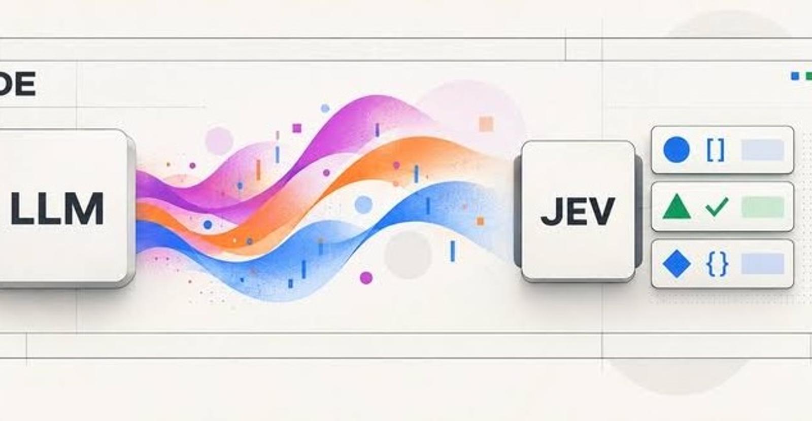 A developer reviews a Jev playground on a laptop, with jev-latest selected and Choice, Score, and Noul probabilities on screen