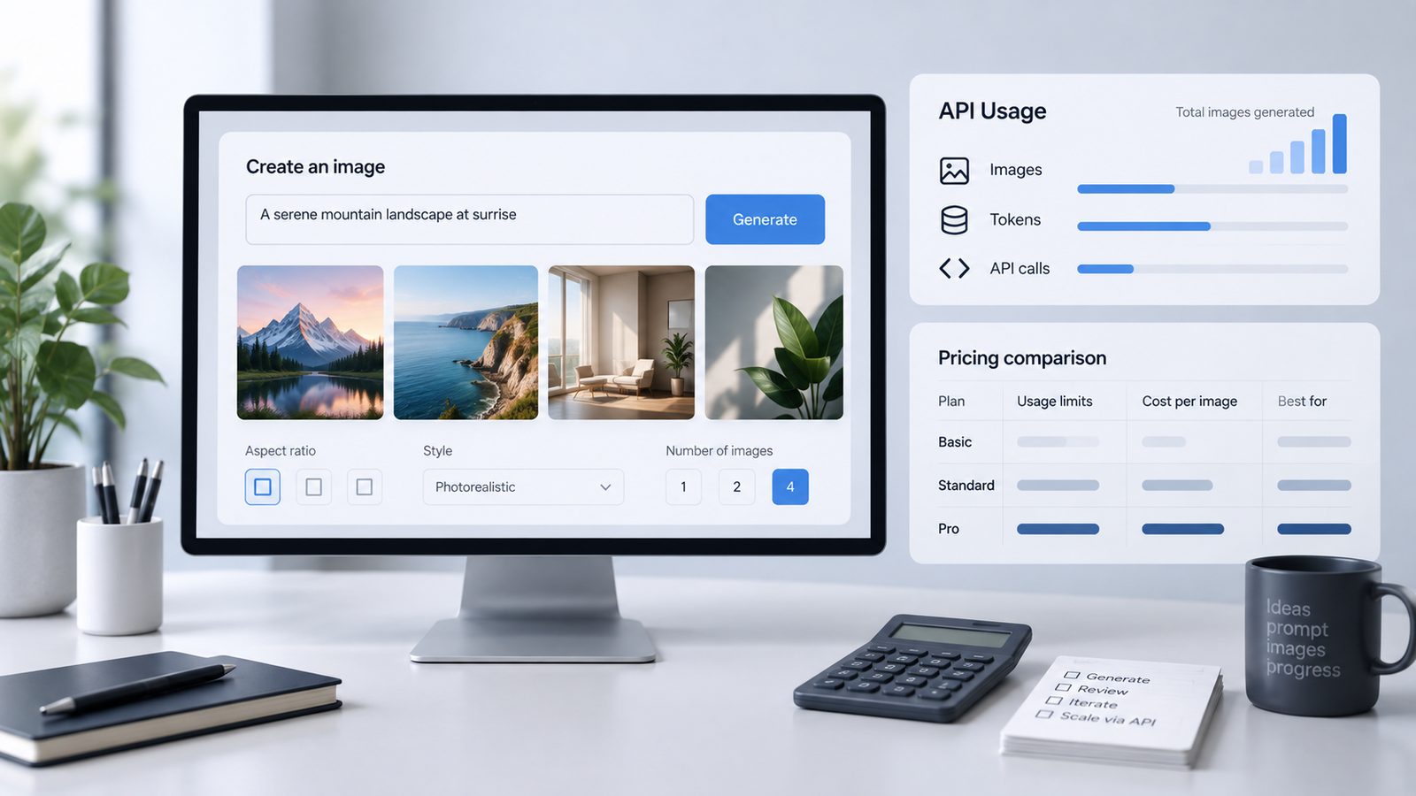 An infographic with a desktop interface for generating images and side widgets for tracking API usage and a pricing plan comparison for GPT Image 2.5