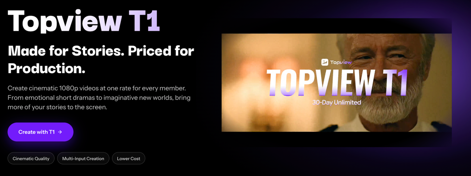 Topview T1 vs Seedance 2.5 research includes the Topview T1 homepage and its cinematic video creation preview.