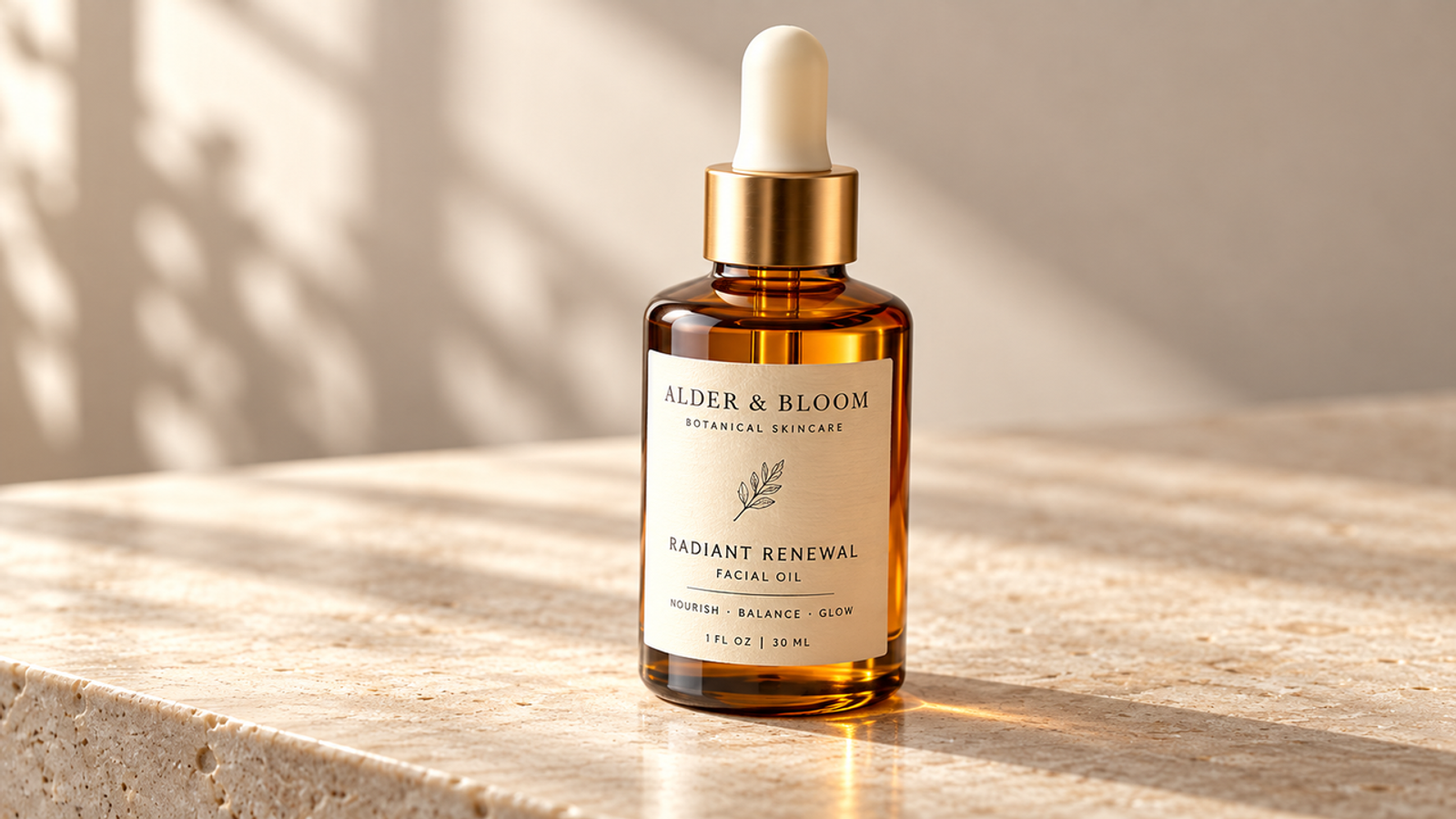 Fibo 2 prompts close-up reference shows an amber facial oil bottle with a gold collar and white dropper.
