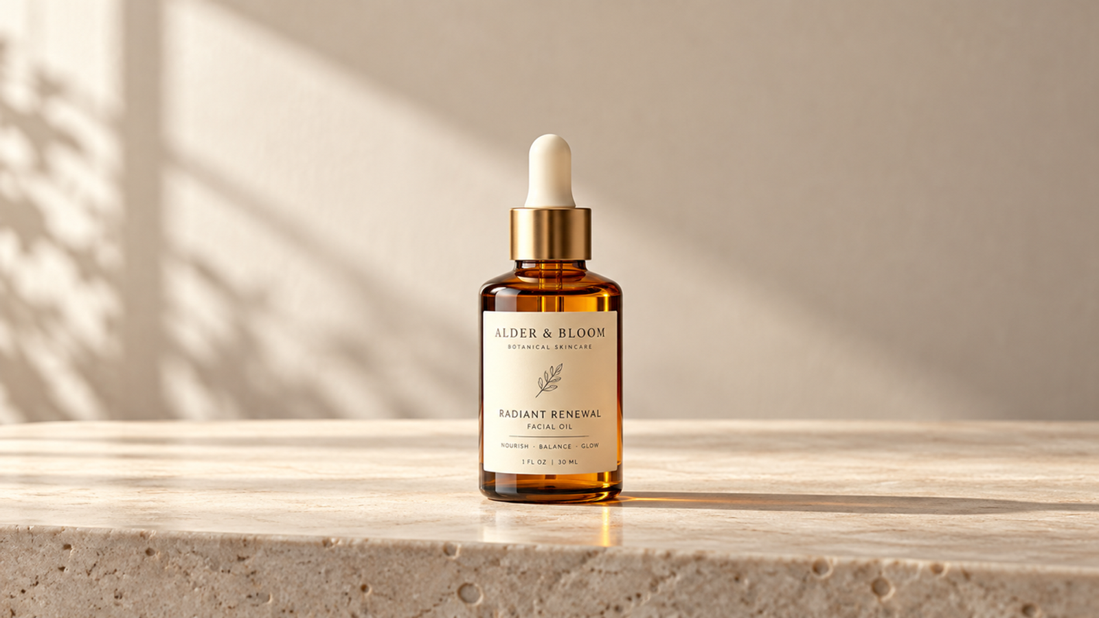 Fibo 2 prompts storyboard reference shows an amber facial oil bottle on a limestone vanity in warm daylight.
