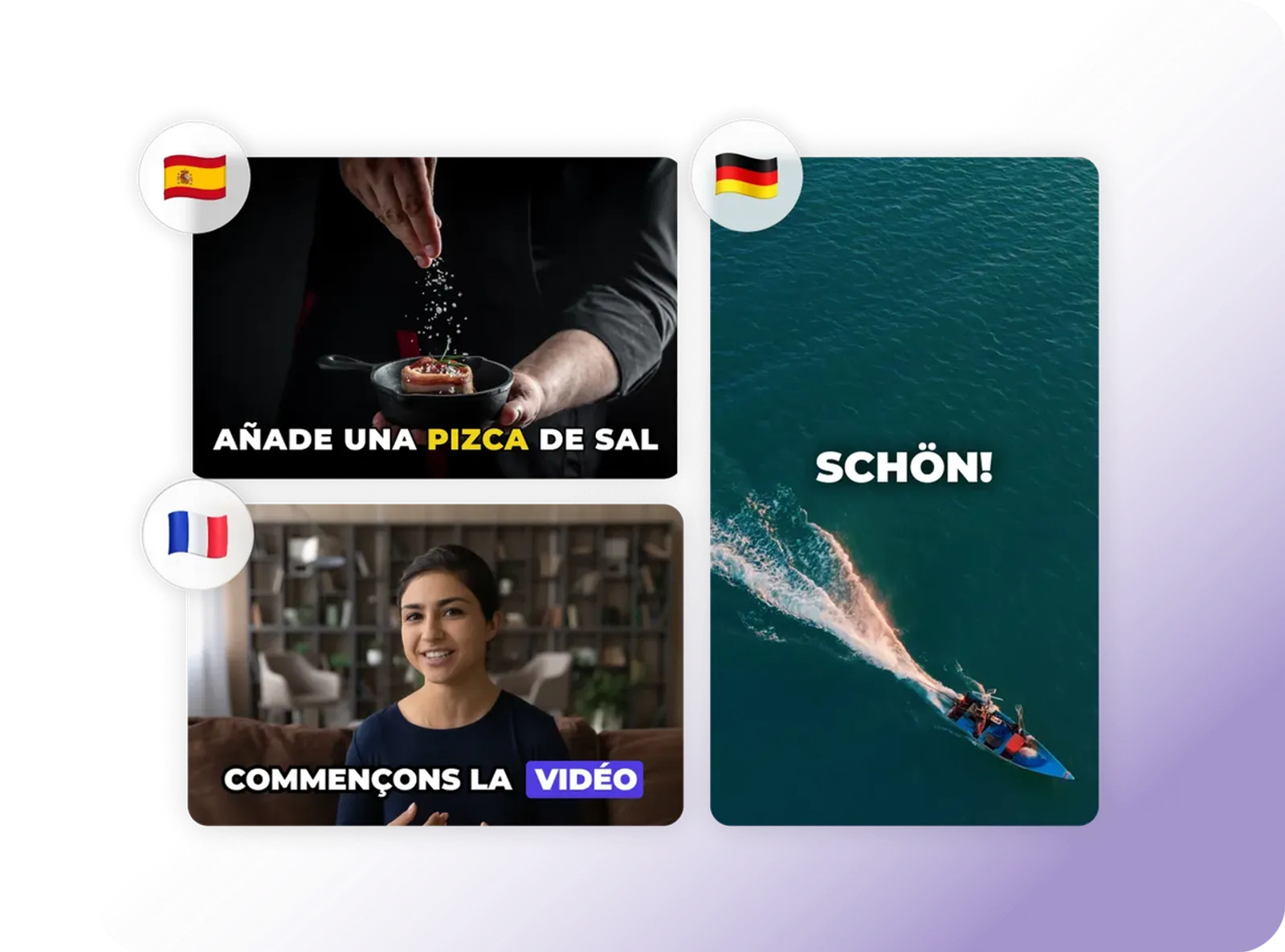 Video clips rendered with real-time video translation subtitles in Spanish, French, and German languages.