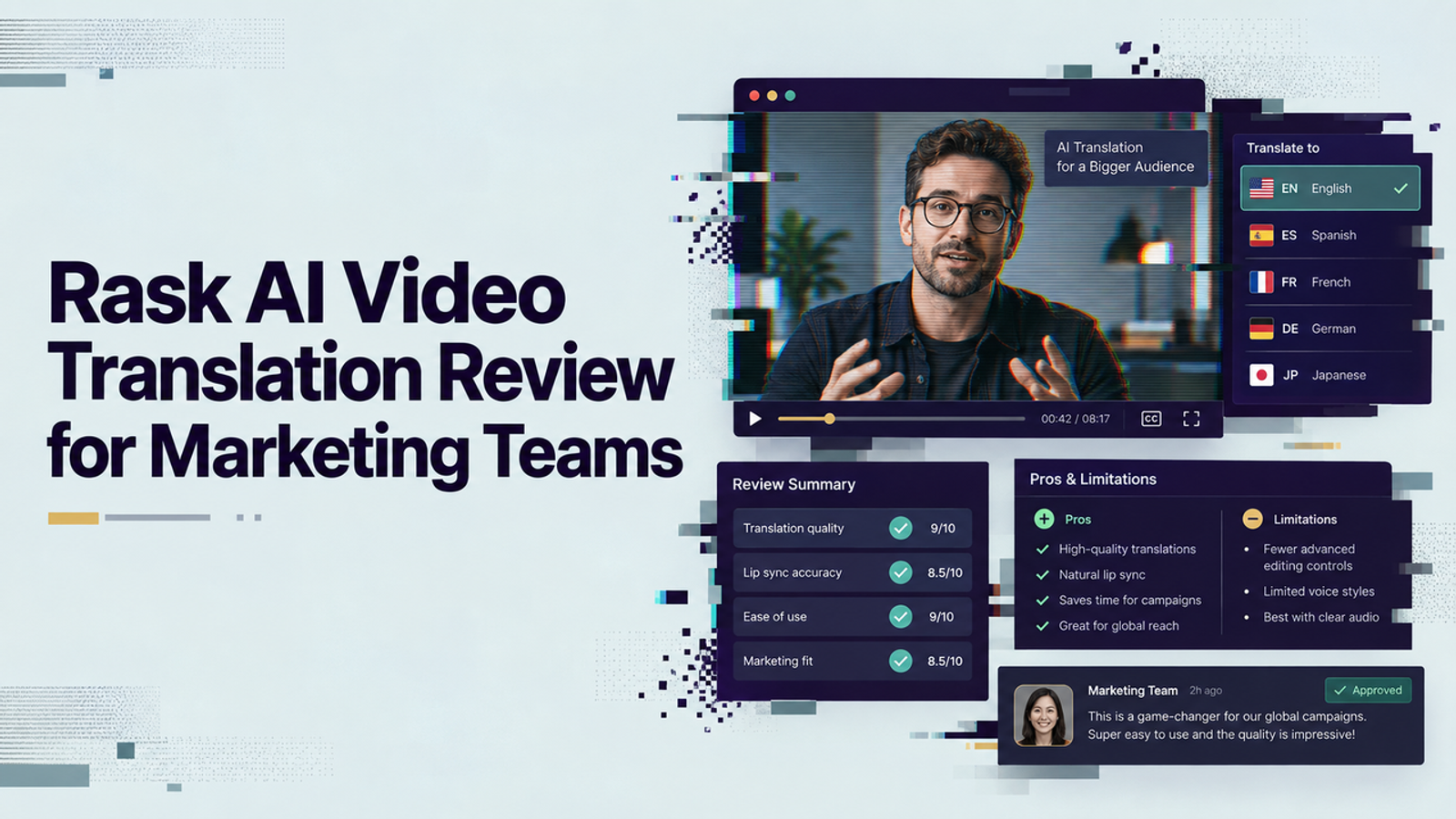 Platform review summary showcasing Rask AI video translation ratings for lip sync accuracy and translation quality.