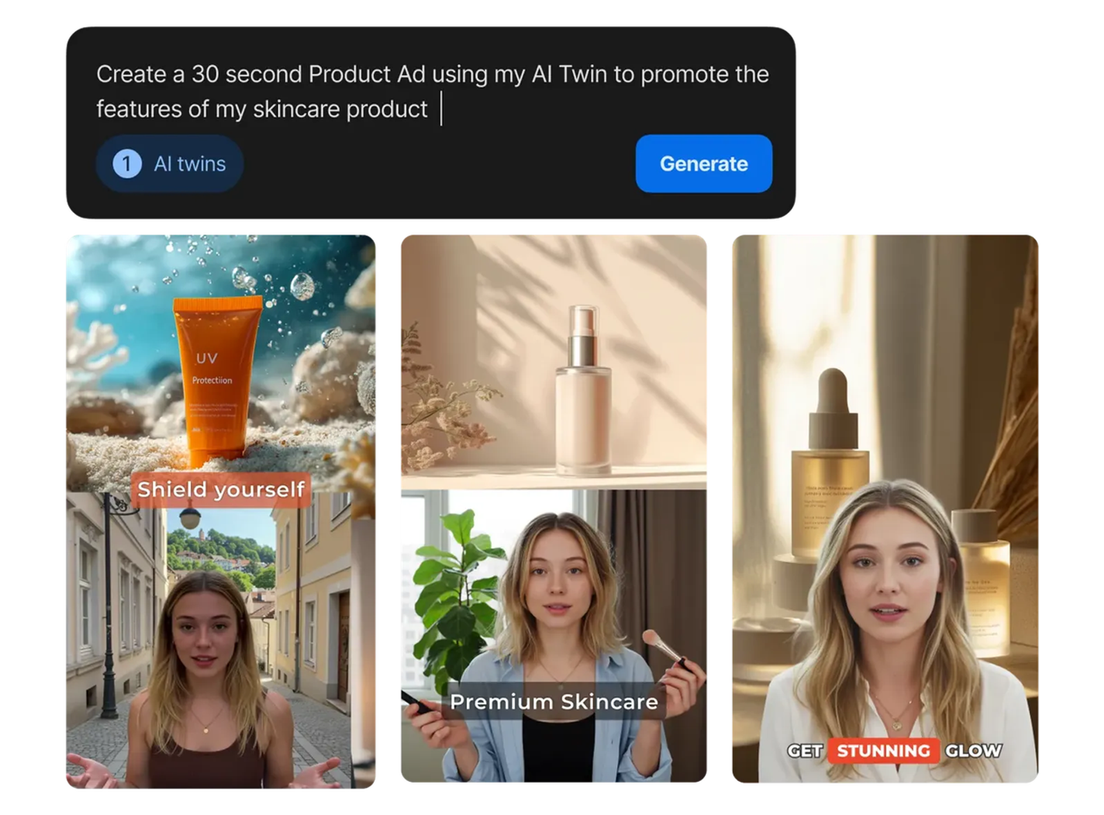 Generated skincare advertising visuals used to help compare ai avatars for ugc video ads performance.